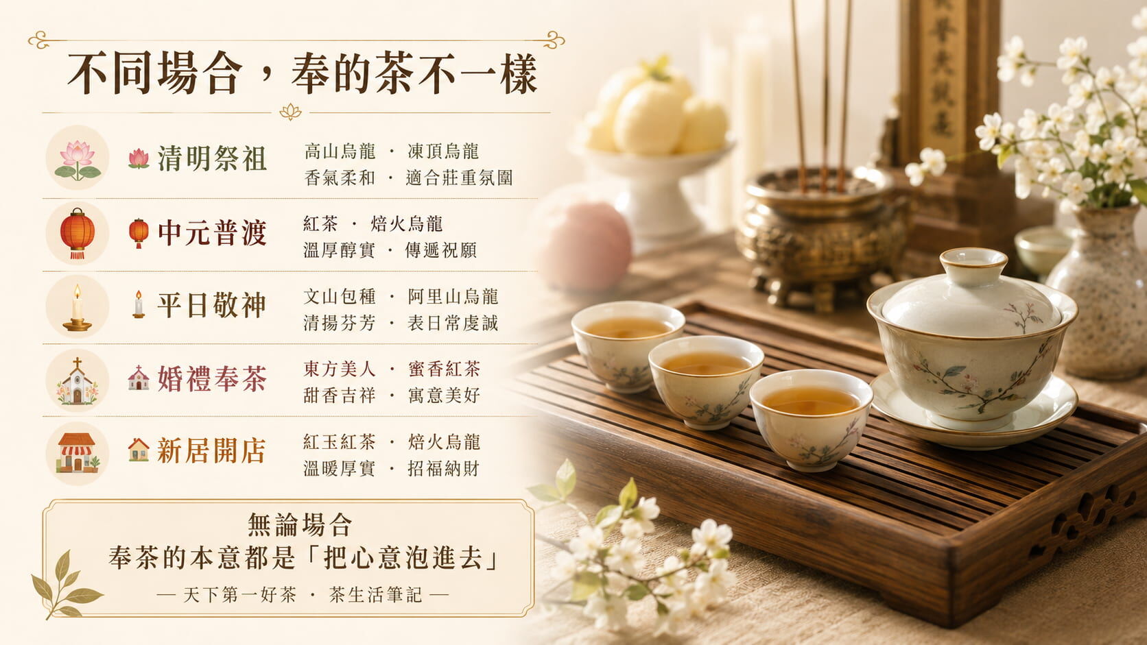 不同場合祭祀奉茶建議圖，清明祭祖、中元普渡、平日敬神、婚禮奉茶、新居開店各自的茶款推薦