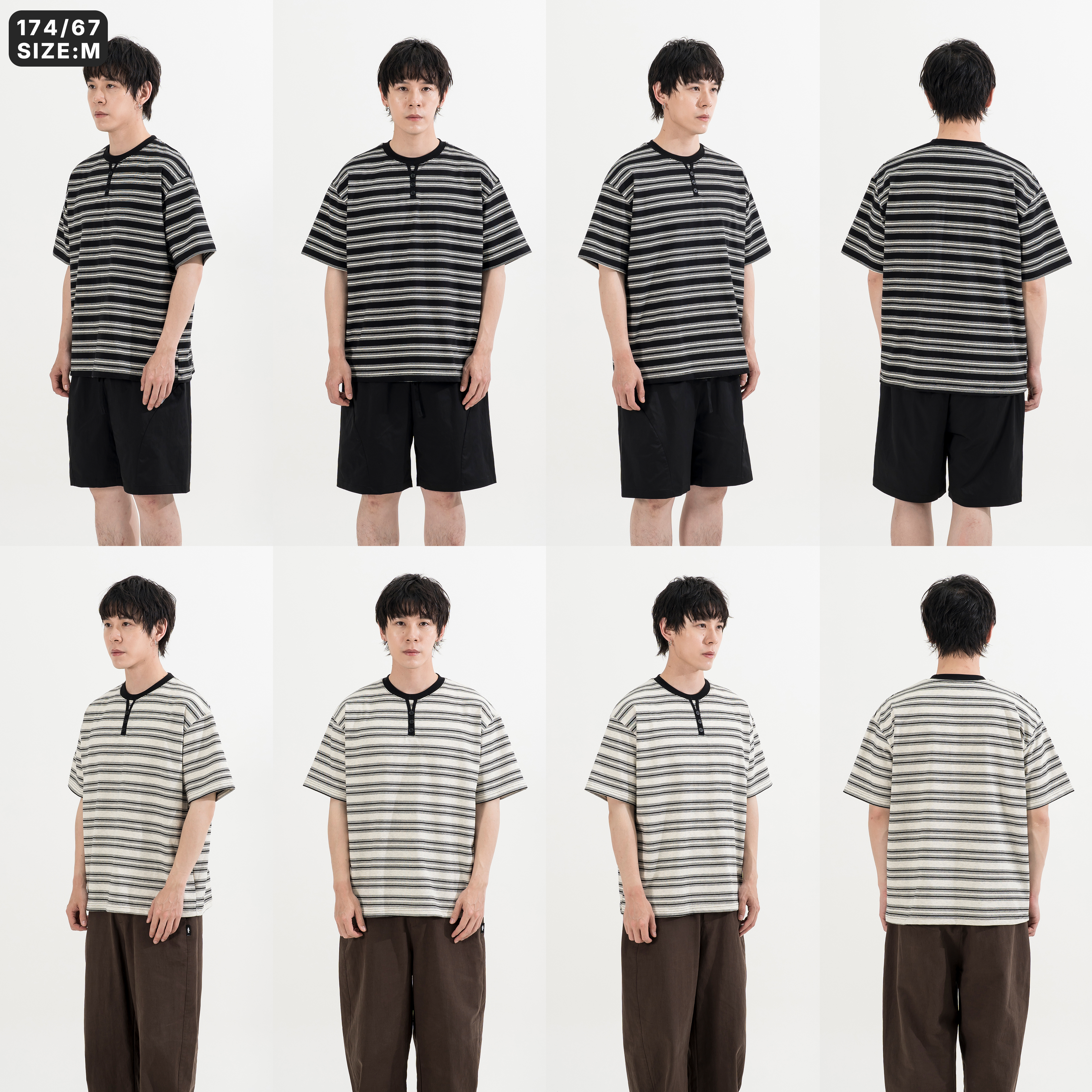 Faux Layered Henley Tee 假兩件 亨利領 條紋短袖Tee [O-T339]