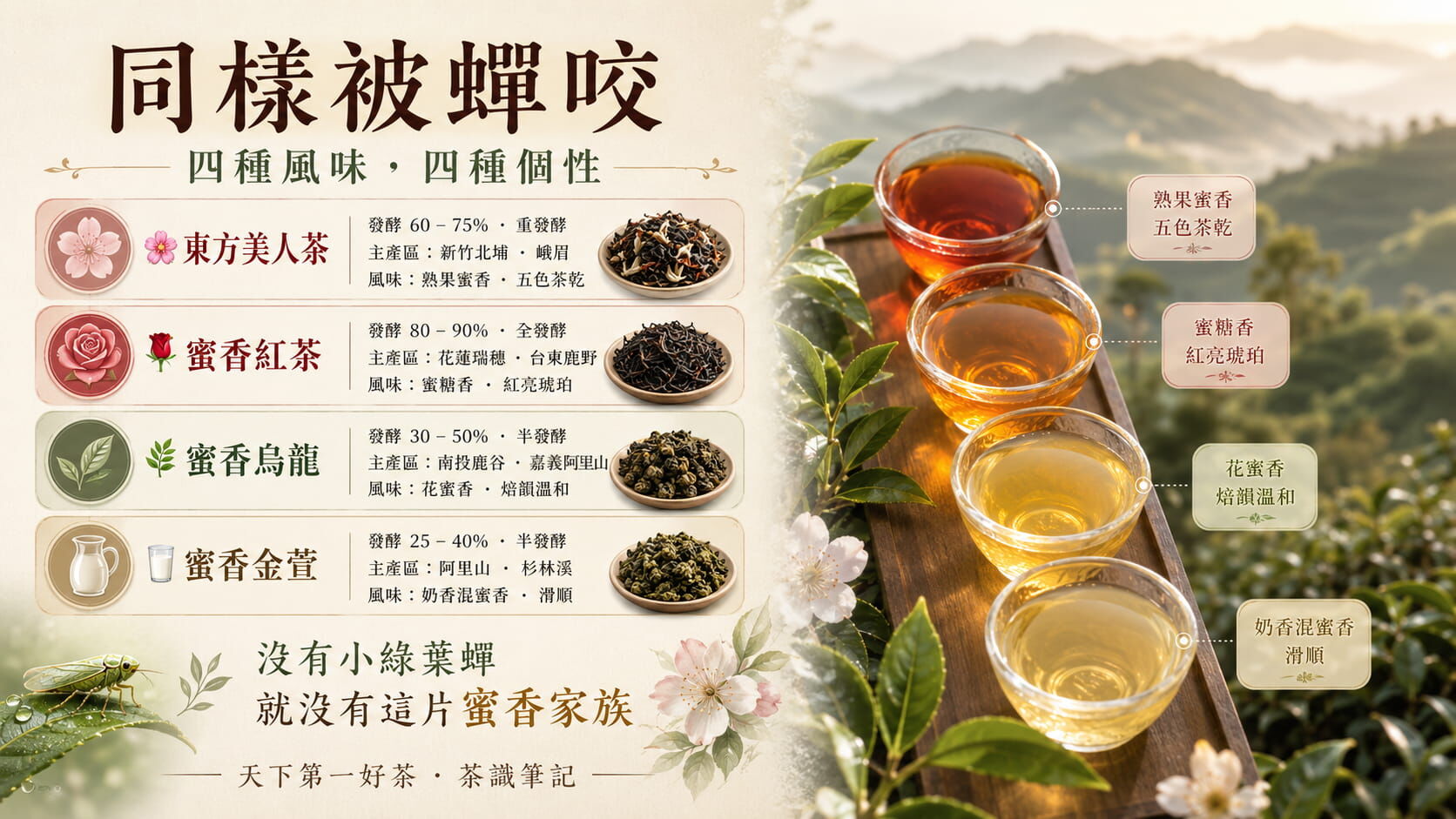 小綠葉蟬造就的蜜香茶家族四款對照圖，東方美人、蜜香紅茶、蜜香烏龍、蜜香金萱的發酵度、產區與風味