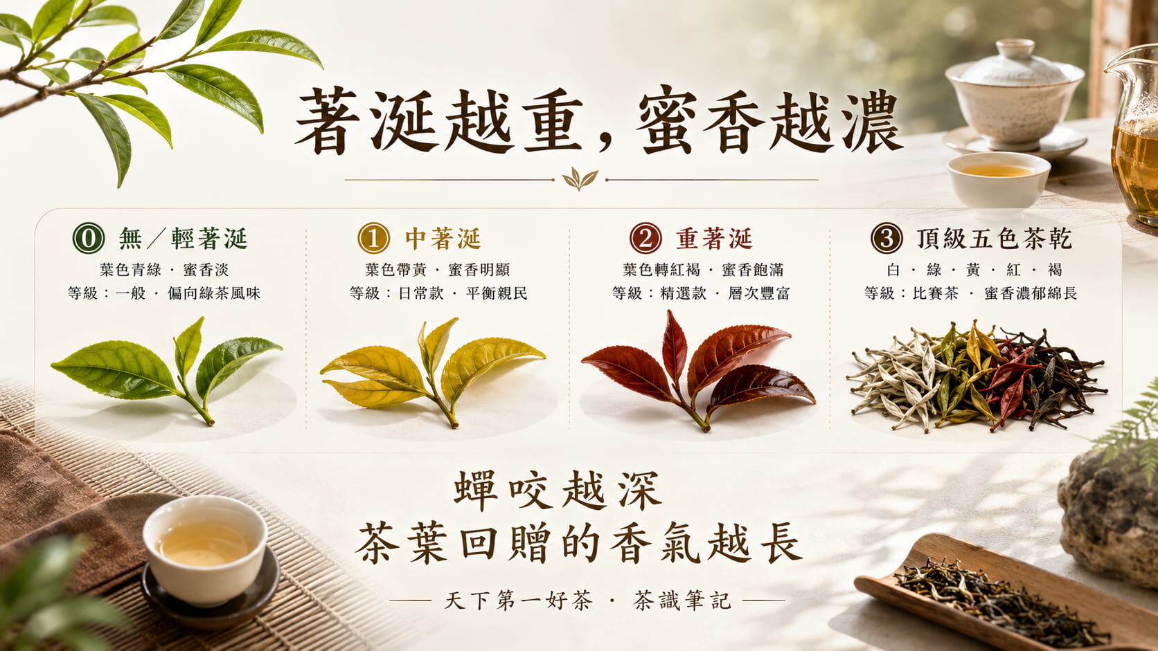 著涎程度與茶葉品質等級對照圖，從無著涎、中著涎、重著涎到頂級五色茶乾的色澤與蜜香差異
