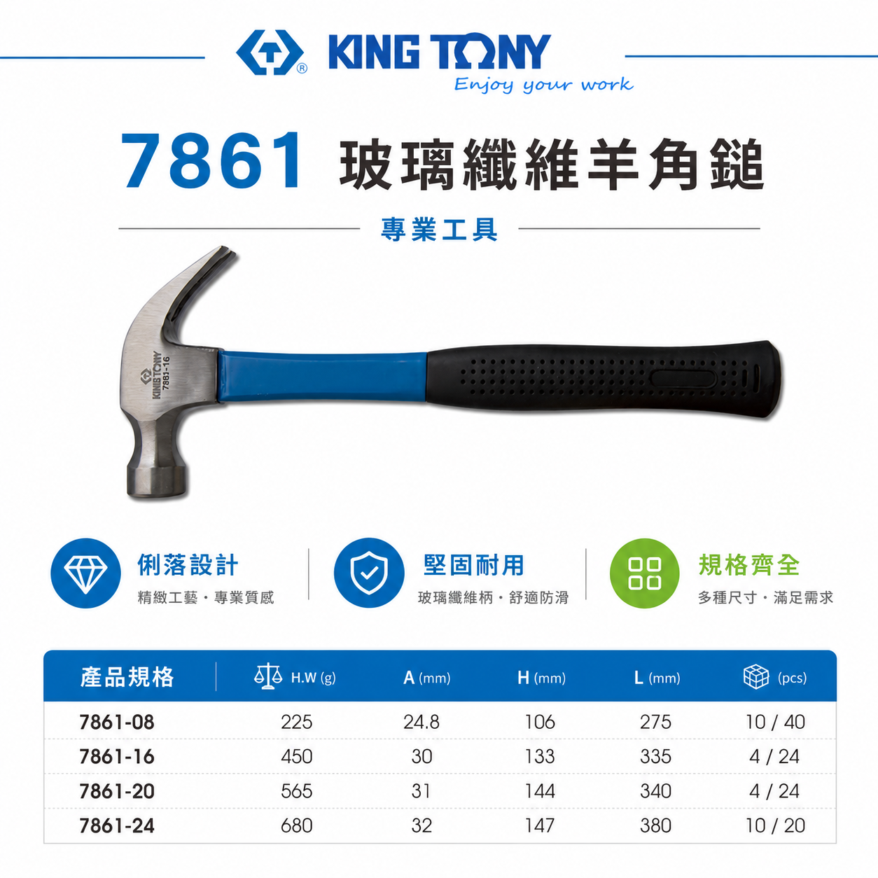 KING TONY 金統立 台灣製｜8-24oz 玻璃纖維柄羊角鎚 木工羊角錘 裝潢鐵鎚 板模槌｜7861