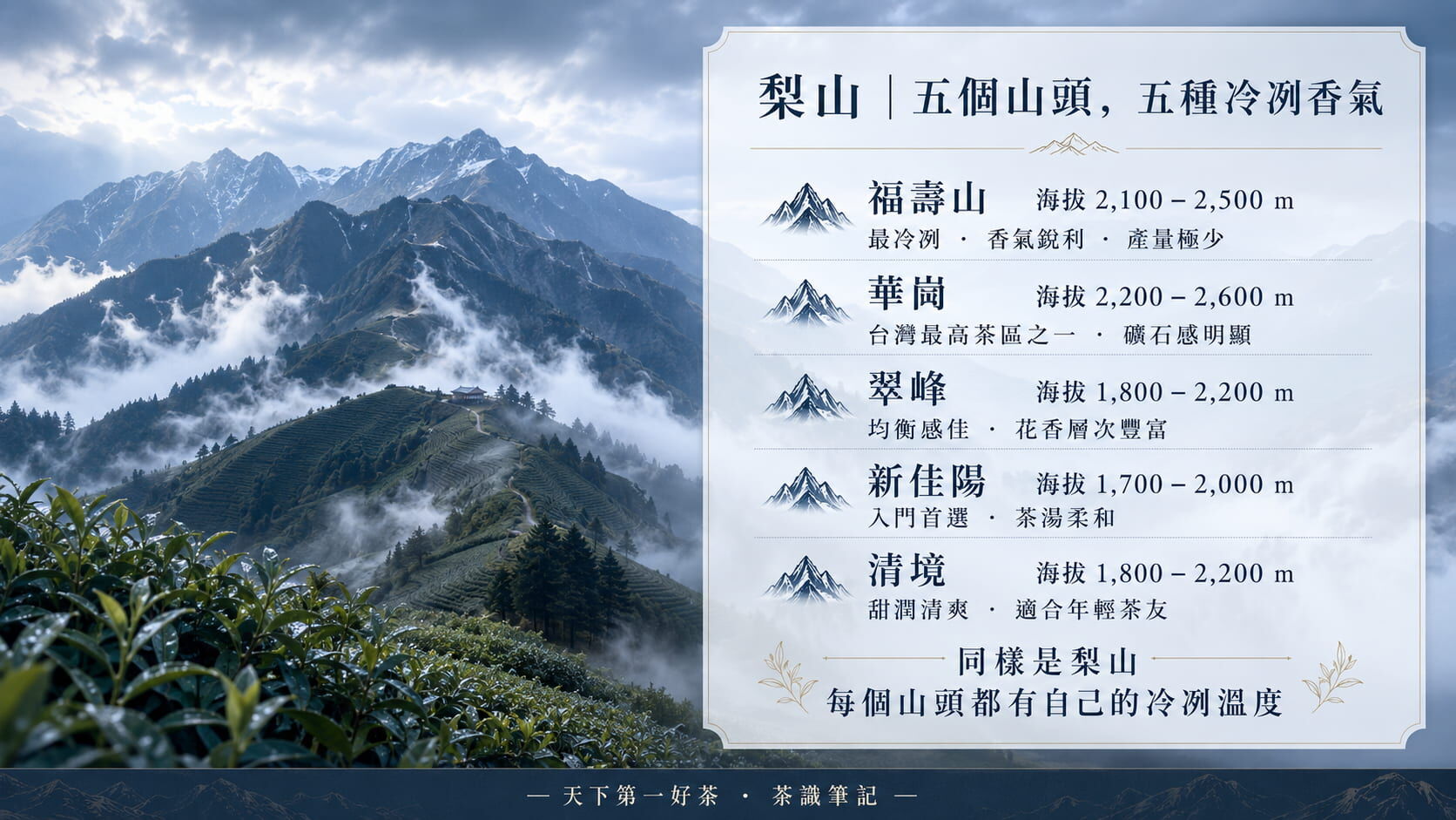 梨山五大子茶區風味地圖，福壽山、華崗、翠峰、新佳陽、清境的海拔範圍與風味特色對照