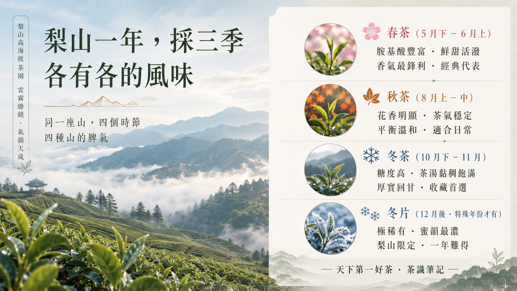 梨山茶四個採收季節風味對照圖，春茶鮮甜、秋茶花香、冬茶厚實、冬片極稀有的時節與風味差異