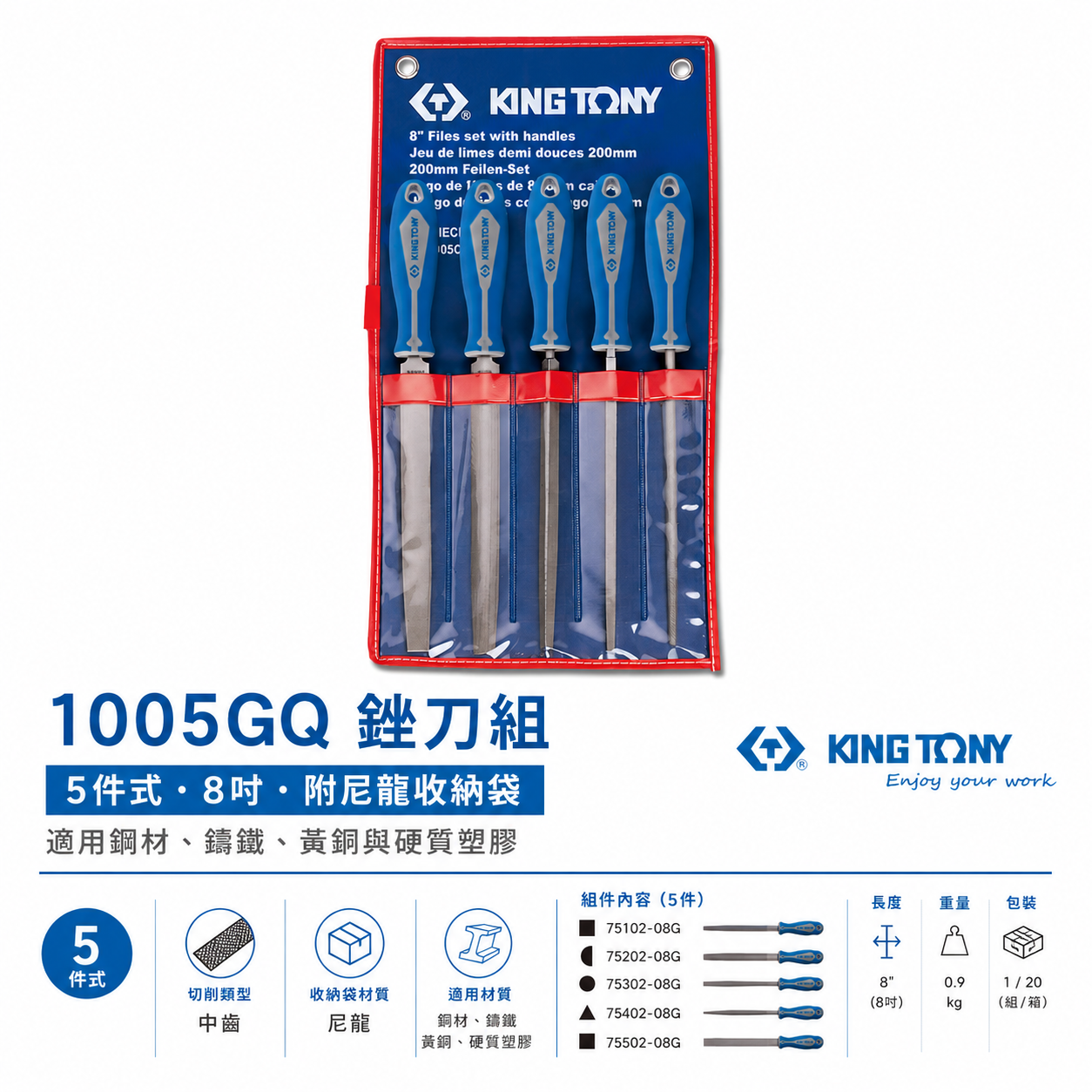 KING TONY 金統立 台灣製｜膠柄銼刀 5支組 膠柄研磨棒 大型銼刀5件式 精細銼刀把組｜1005GQ