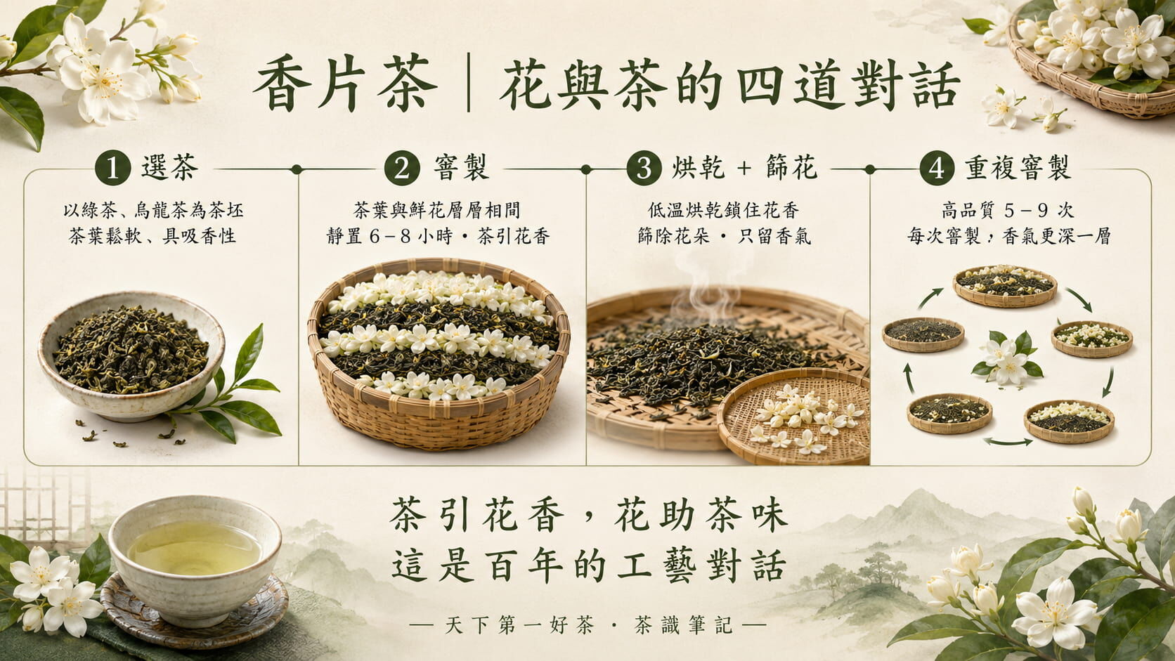 香片茶四步窨製工藝流程圖，選茶、窨製、烘乾篩花、重複窨製5至9次的工序與工藝精髓