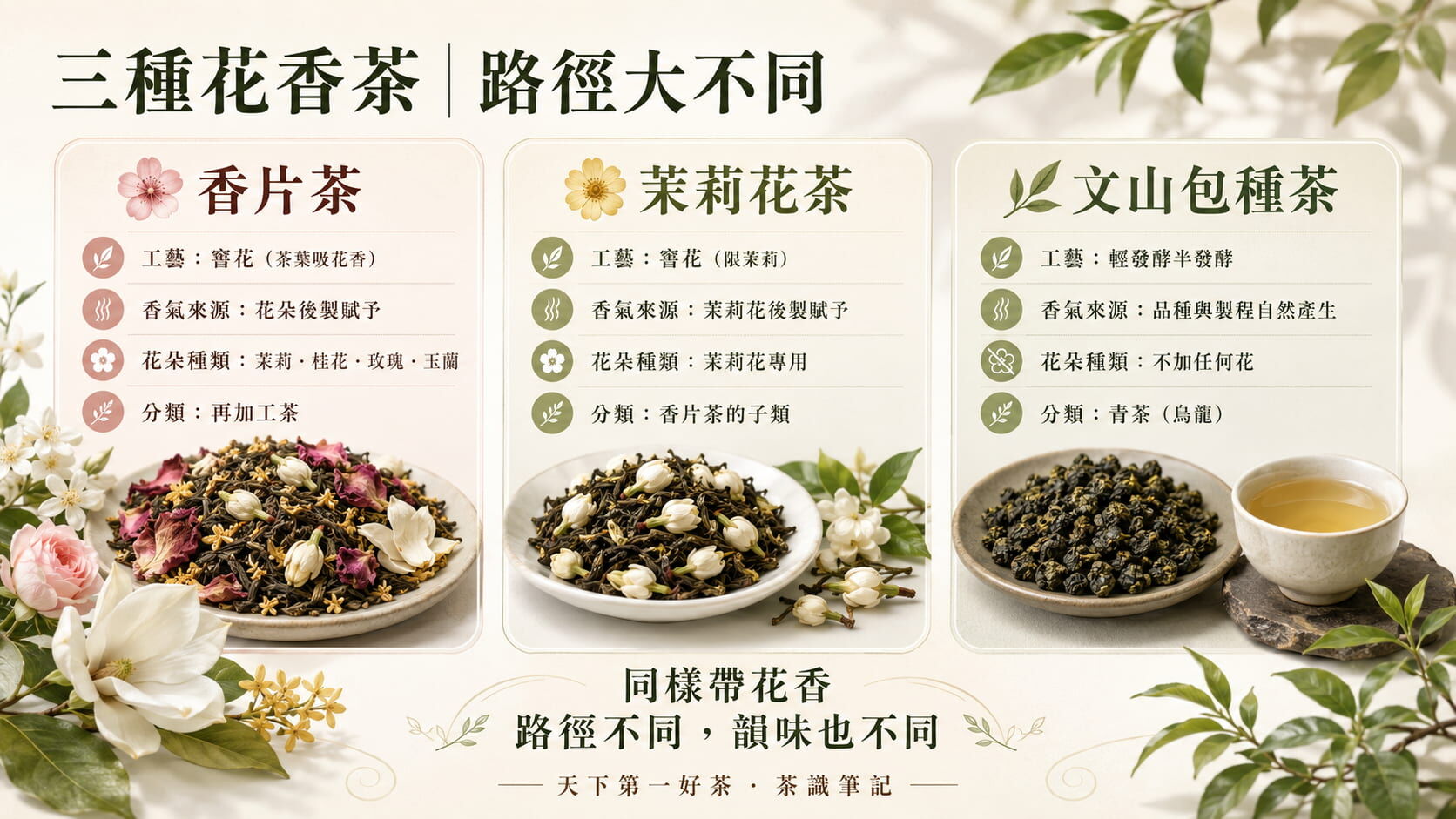 香片茶與茉莉花茶與文山包種茶三茶對照圖，工藝、香氣來源、花朵種類、茶類分類的差異說明