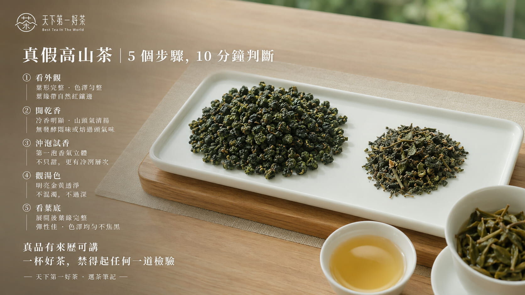 真假高山茶五步鑑定法流程圖,看外觀、聞乾香、沖泡試香、觀湯色、看葉底的判斷重點