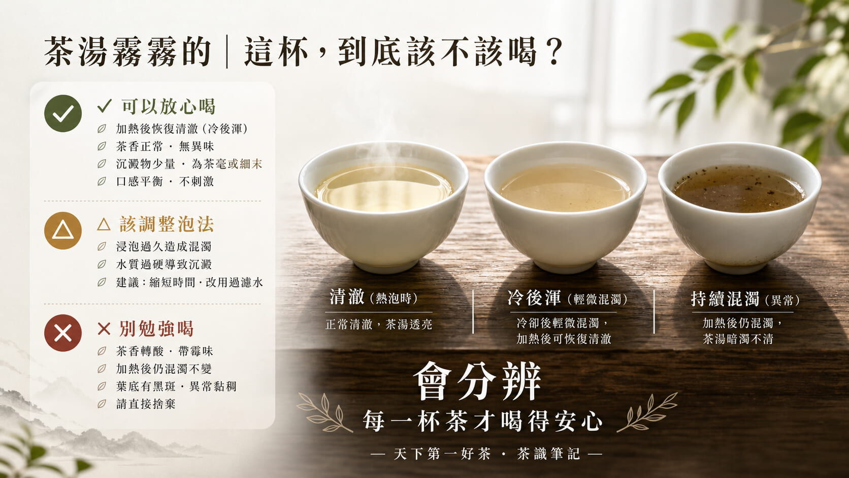 茶湯混濁三種狀態判斷對照圖，加熱後恢復清澈為冷後渾可喝、浸泡過久該調整泡法、加熱仍混濁有異味別勉強