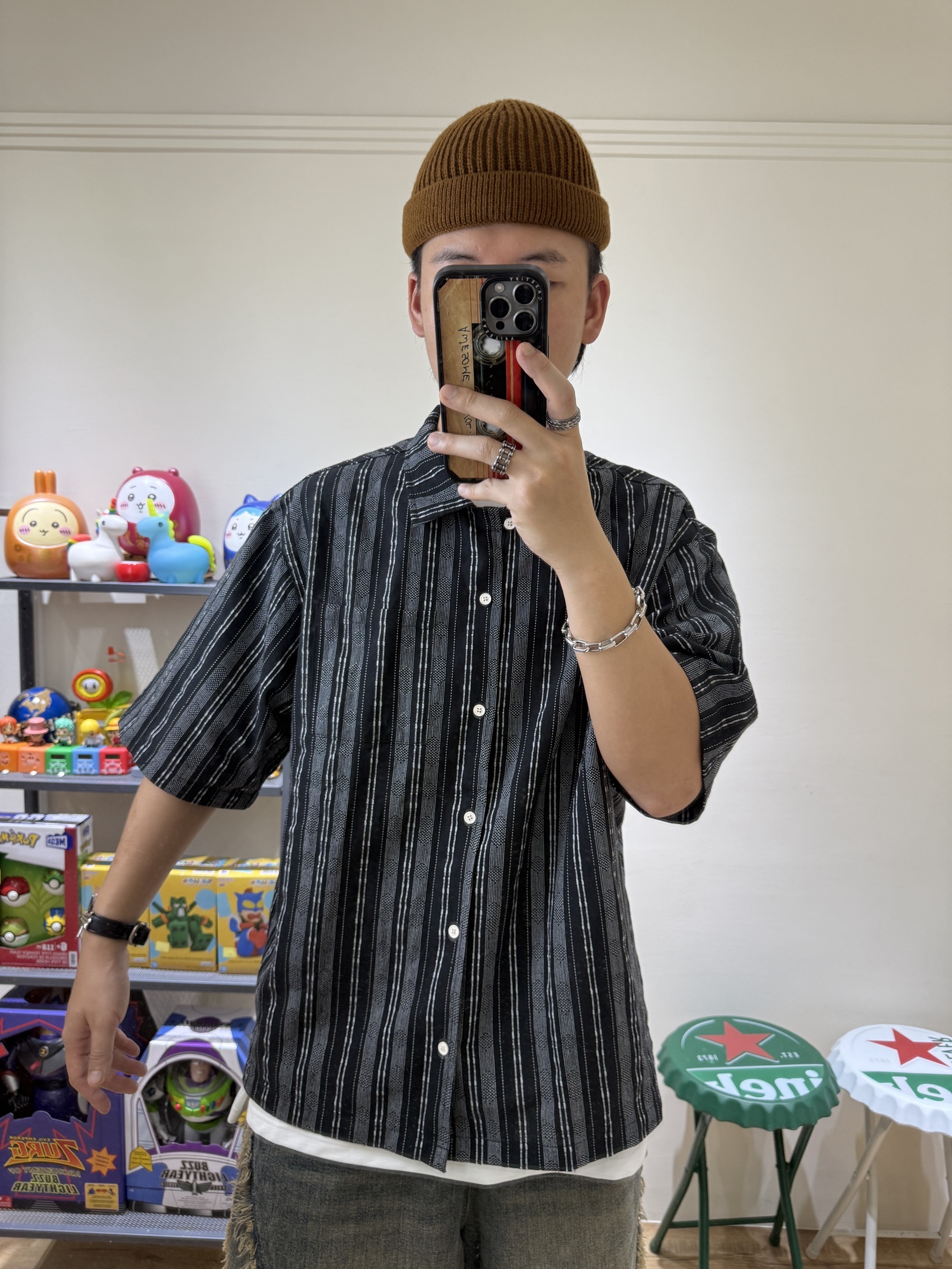 古巴領街頭亞麻條紋襯衫(黑)(現貨)