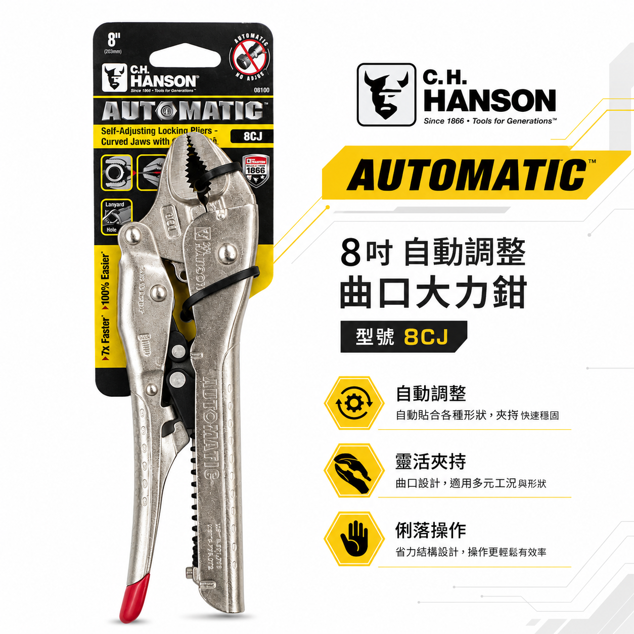 美國 C.H. HANSON｜8" 專業用自動萬能鉗 鐵柄萬能固定鉗 免調整萬能鉗 取代普通萬能鉗｜8CJ