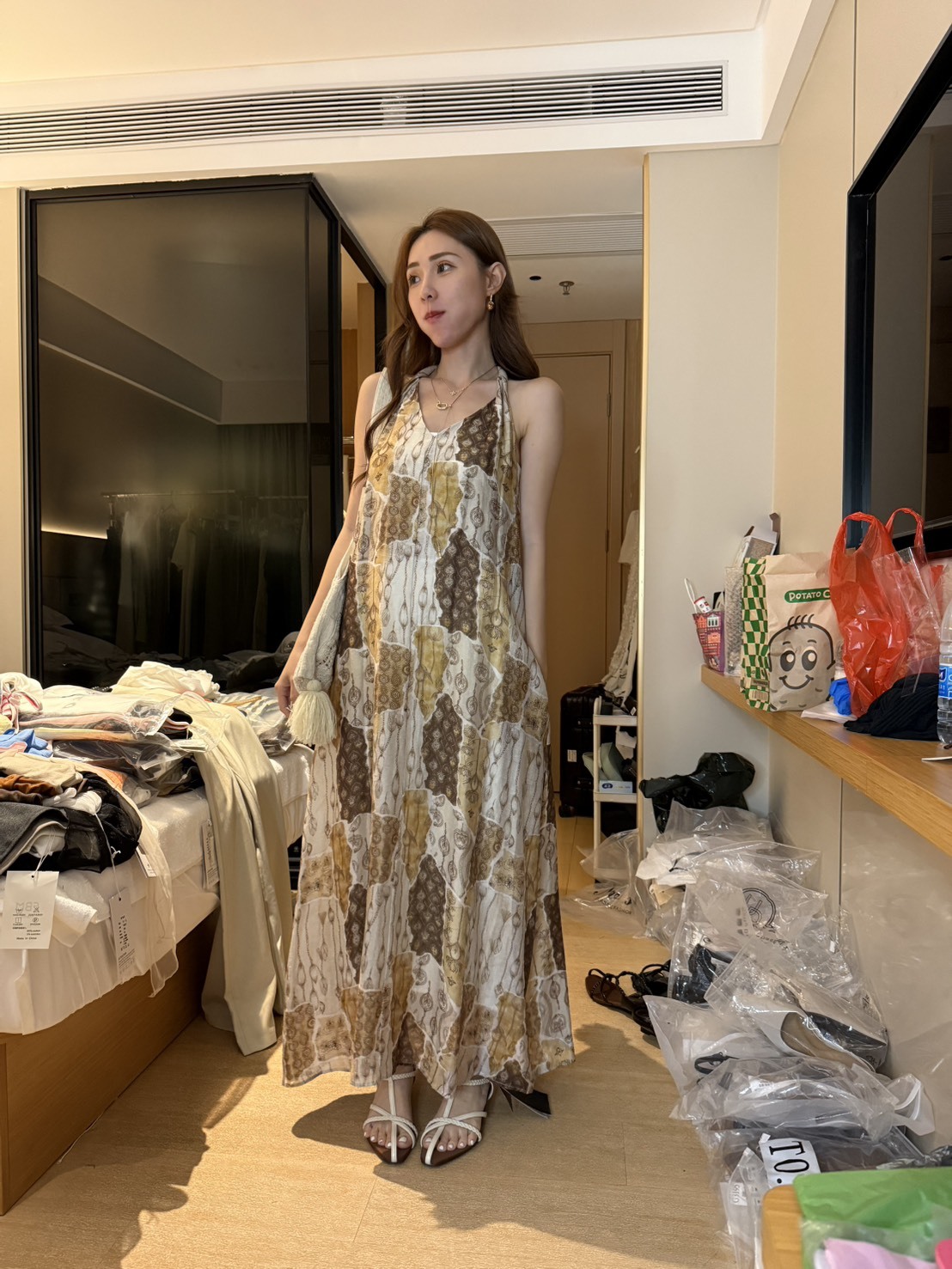 IC311-度假風印花後扭結美背長洋