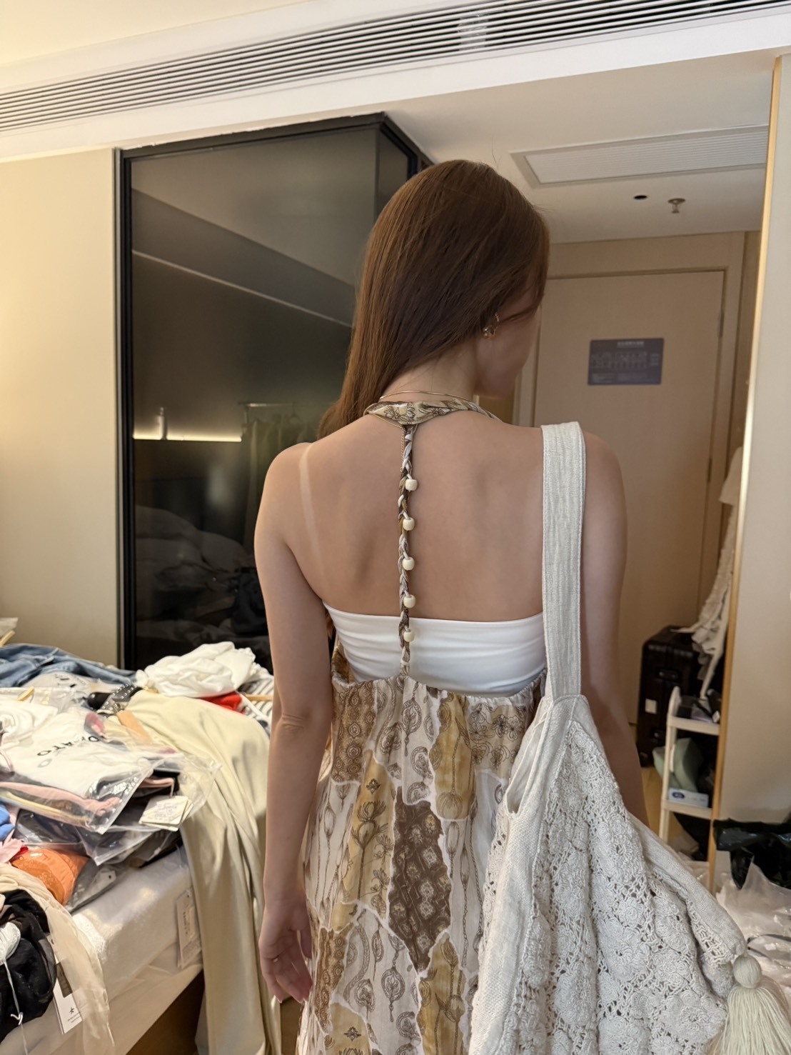IC311-度假風印花後扭結美背長洋