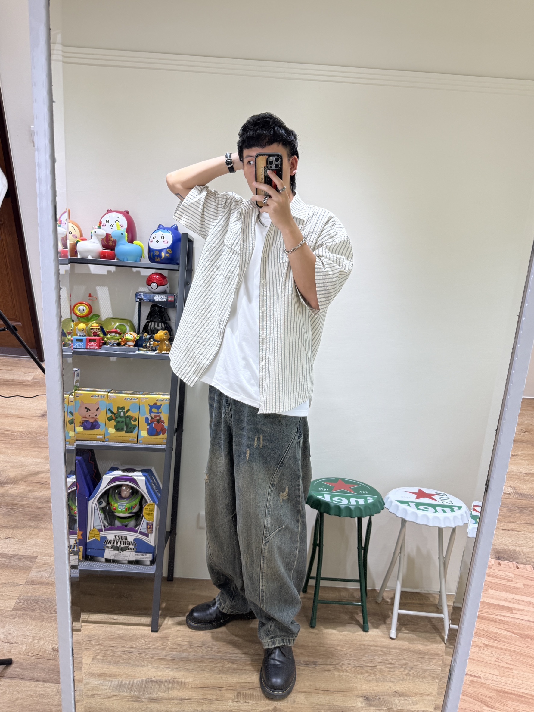日系直條泡泡棉寬鬆短襯衫(白)(現貨)