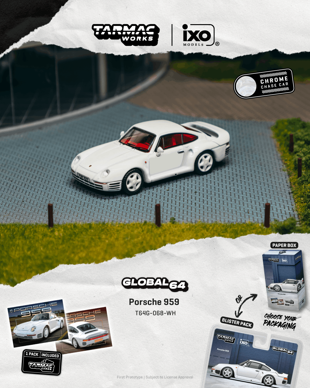 PO-$113 * TARMAC * 1:64 Porsche 959 White Model Car + Trading Cards Combo Set