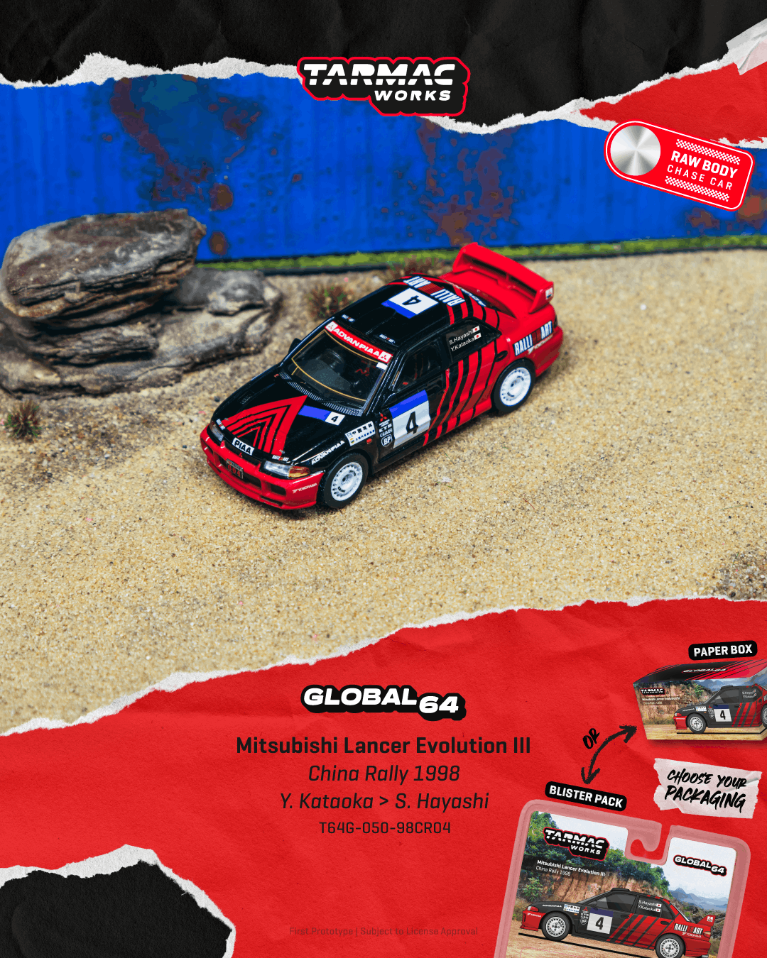 PO-$104 * TARMAC * 1:64 Mitsubishi Lancer Evolution III China Rally 1998 Yoshihiro Kataoka / Satoshi Hayashi