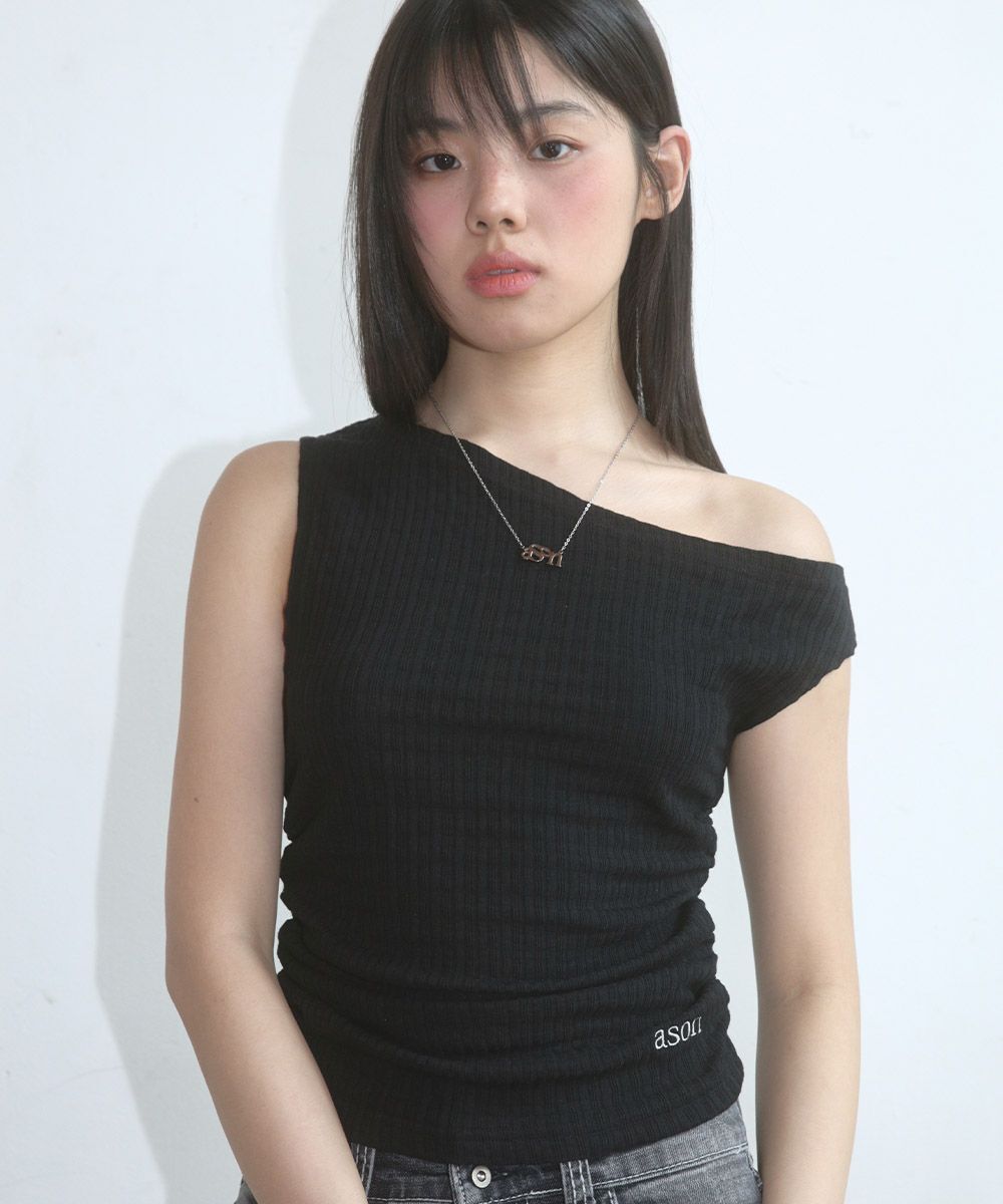 ASON 單肩鏤空抽褶背心 AS_P0000DBS