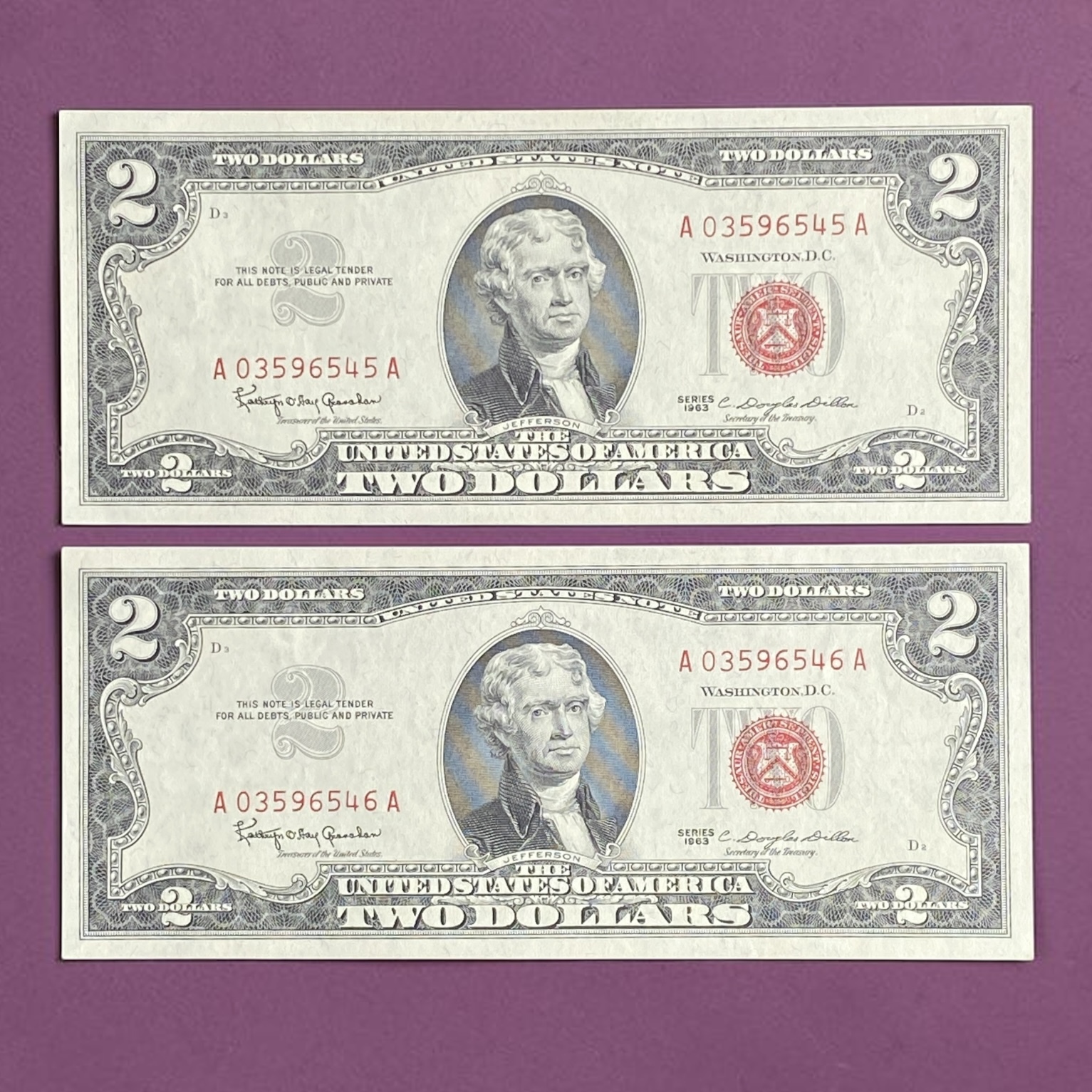 1963年美國2元紙幣 2 張 (AU-UNC品相) A03596545-46A