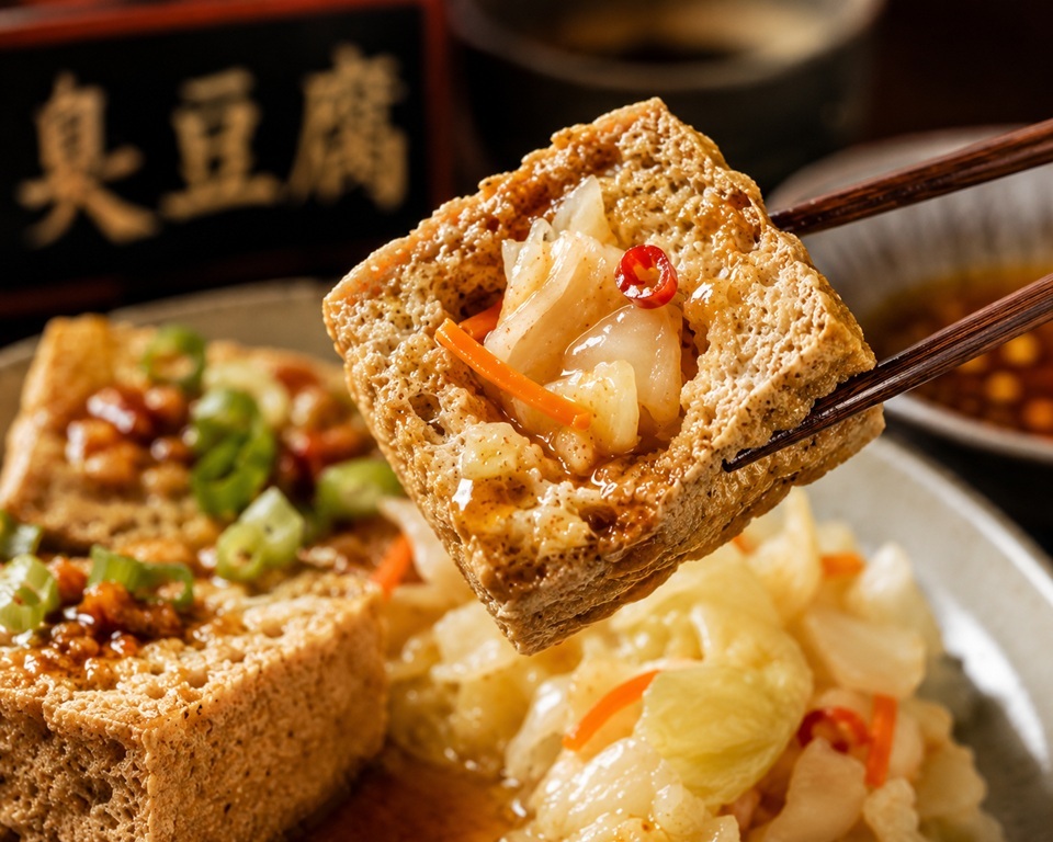 真正讓台灣炸臭豆腐變得特別的，是高麗菜加糖醋醃漬而成的台式泡菜（Taiwanese pickled cabbage），酸甜帶脆。