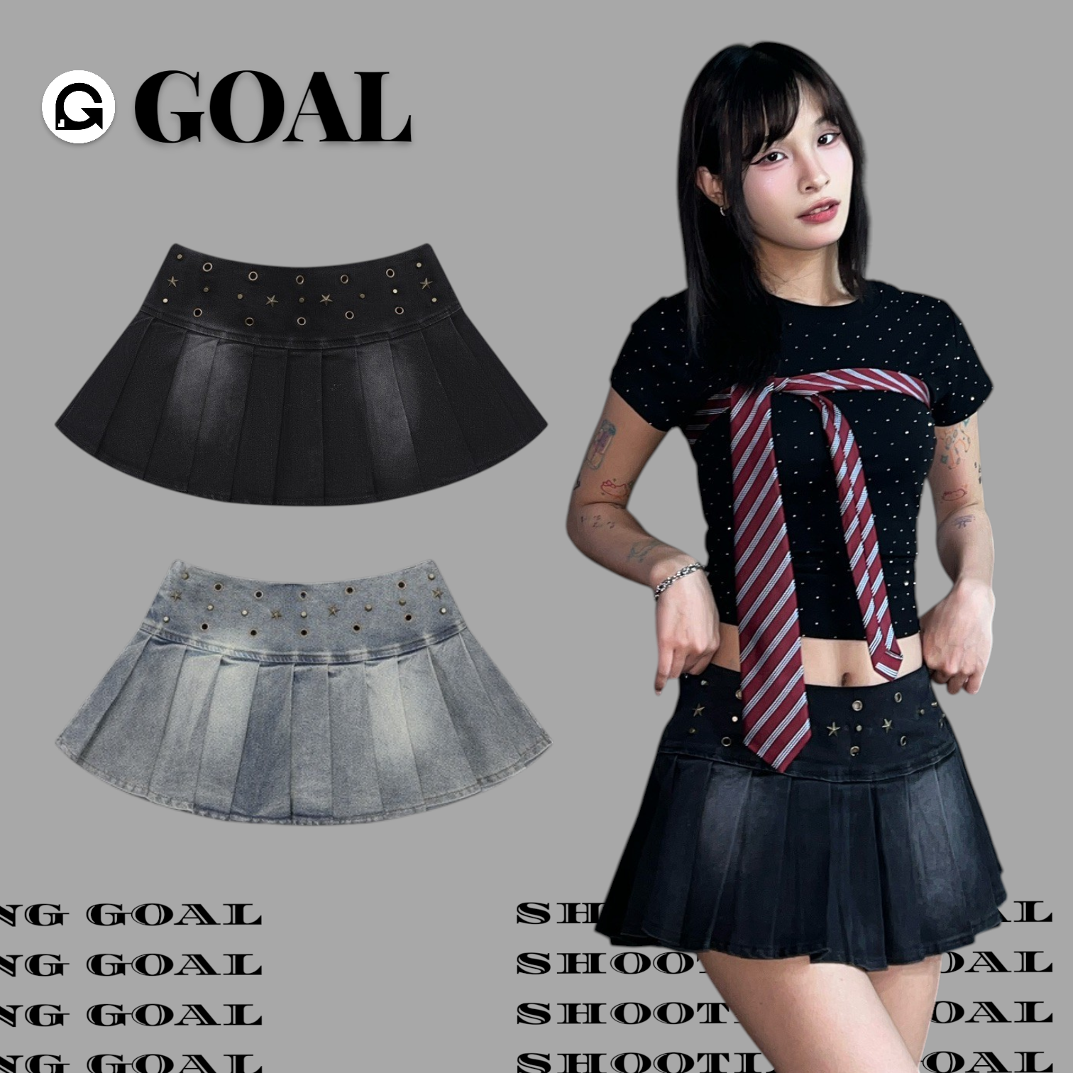(GOAL) 復古鉚釘百褶牛仔短裙 10363