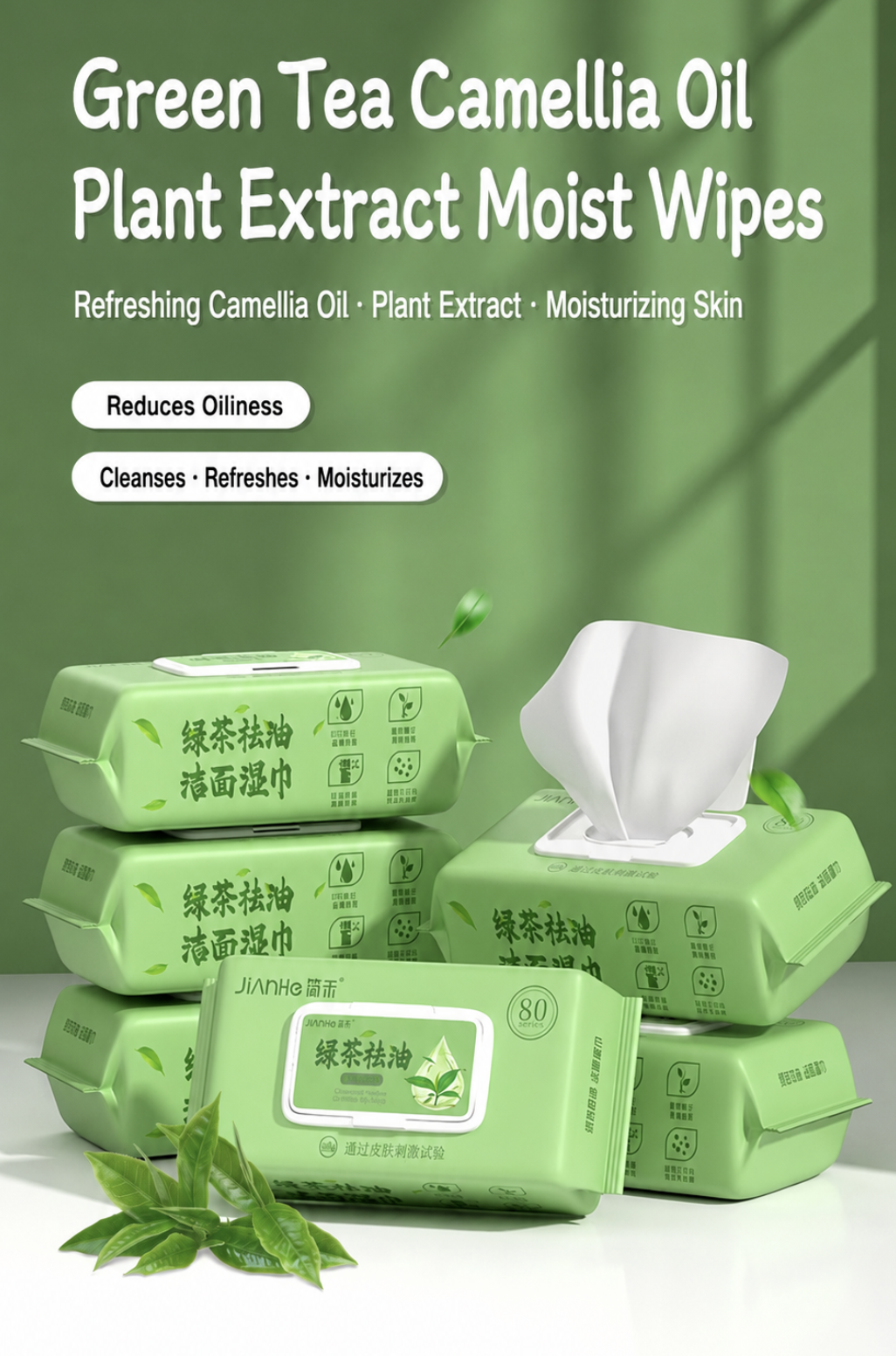 CN231 [Set of 5] Green Tea Camellia Oil Plant Extract Moist Wipes