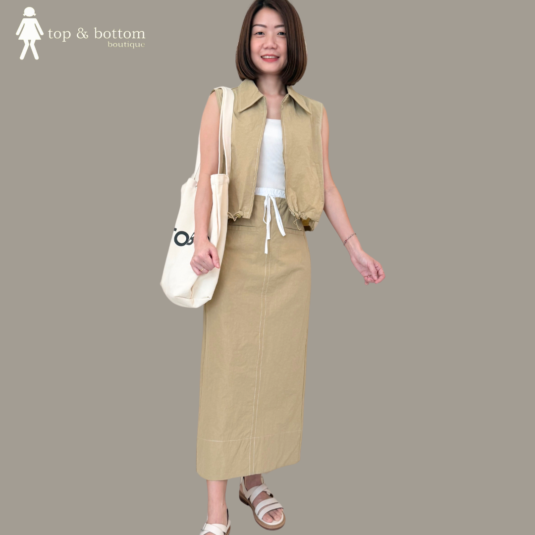 CANVAS ZIPPED VEST & PENCIL SKIRT SET SUIT