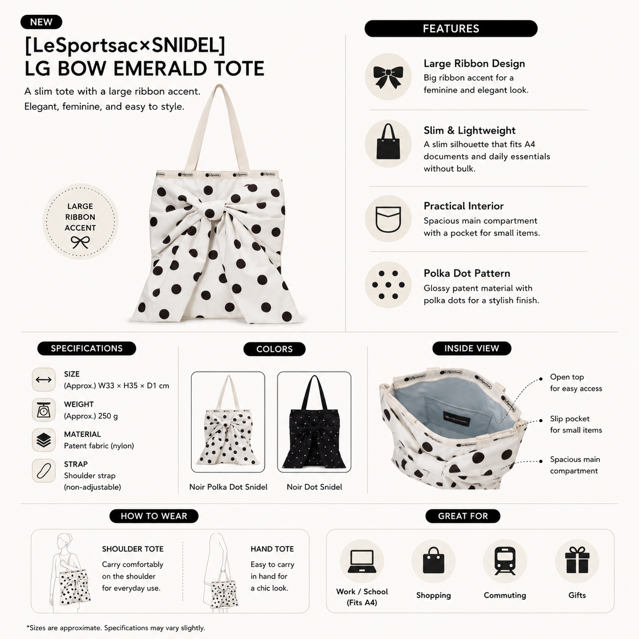 JP648-649 LeSportSac x Snidel LG Bow Emerald Tote