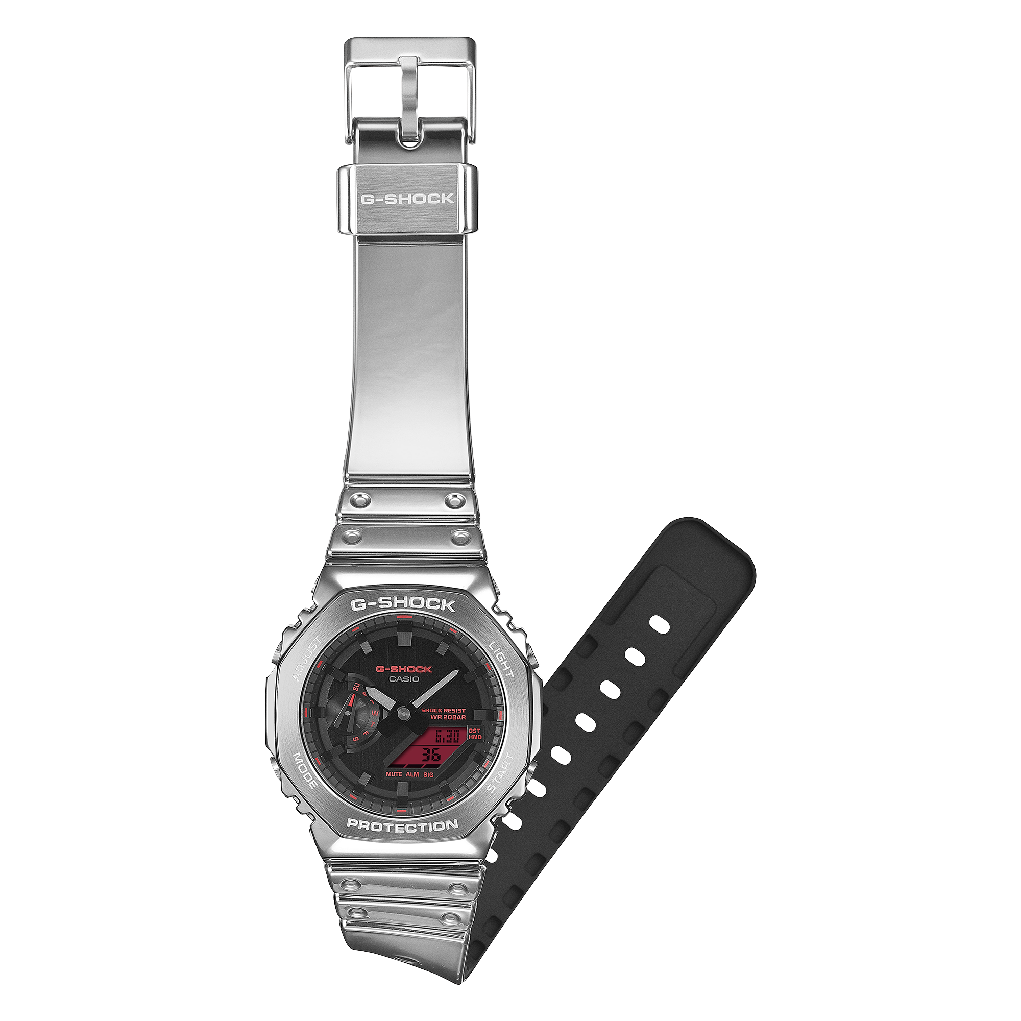 【CASIO 卡西歐】 G-SHOCK 時尚銀 自動日曆 LED光 耐衝擊  高防水 電子錶 矽膠錶帶 不鏽鋼殼 手錶 GM-2100YRA-8A
