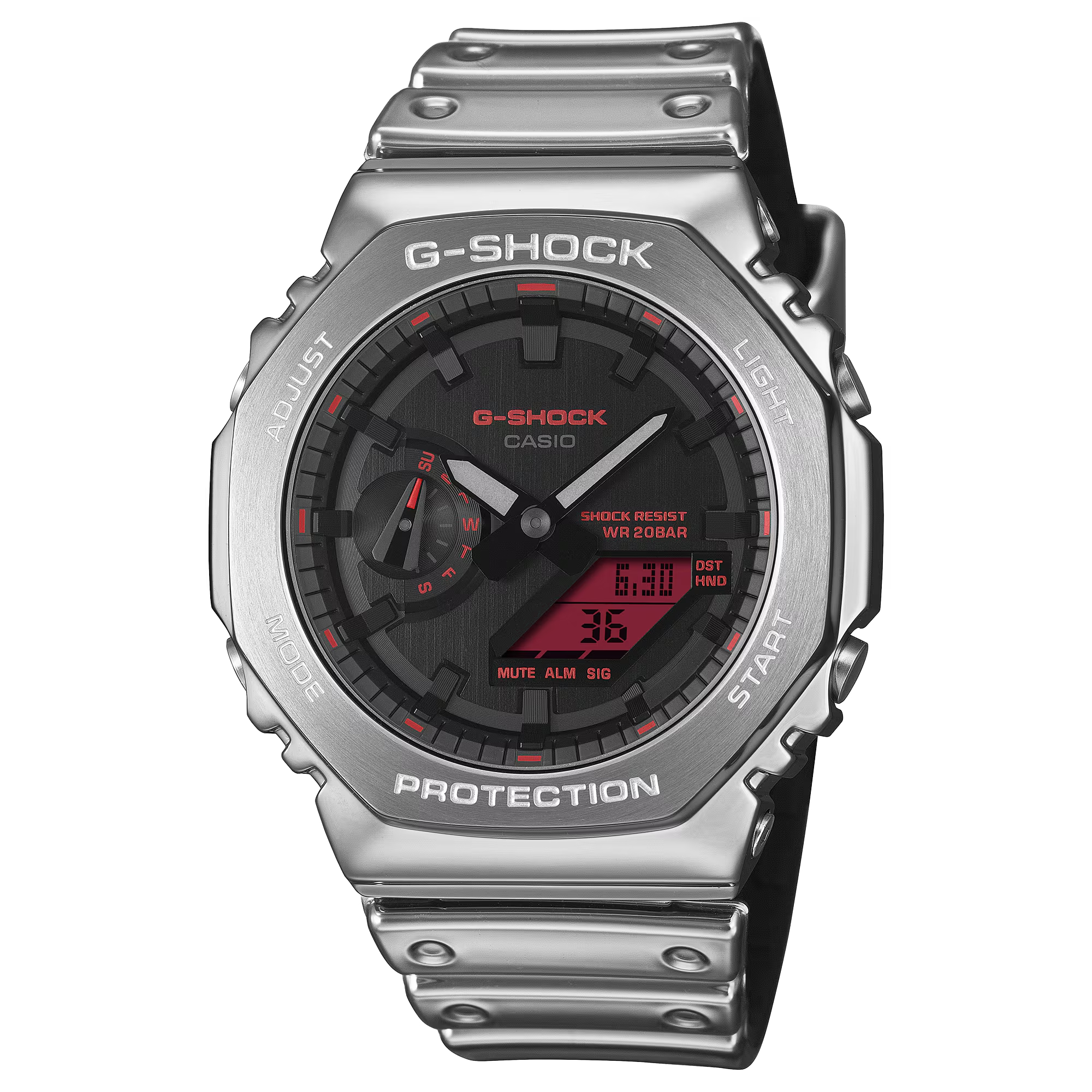 【CASIO 卡西歐】 G-SHOCK 時尚銀 自動日曆 LED光 耐衝擊  高防水 電子錶 矽膠錶帶 不鏽鋼殼 手錶 GM-2100YRA-8A