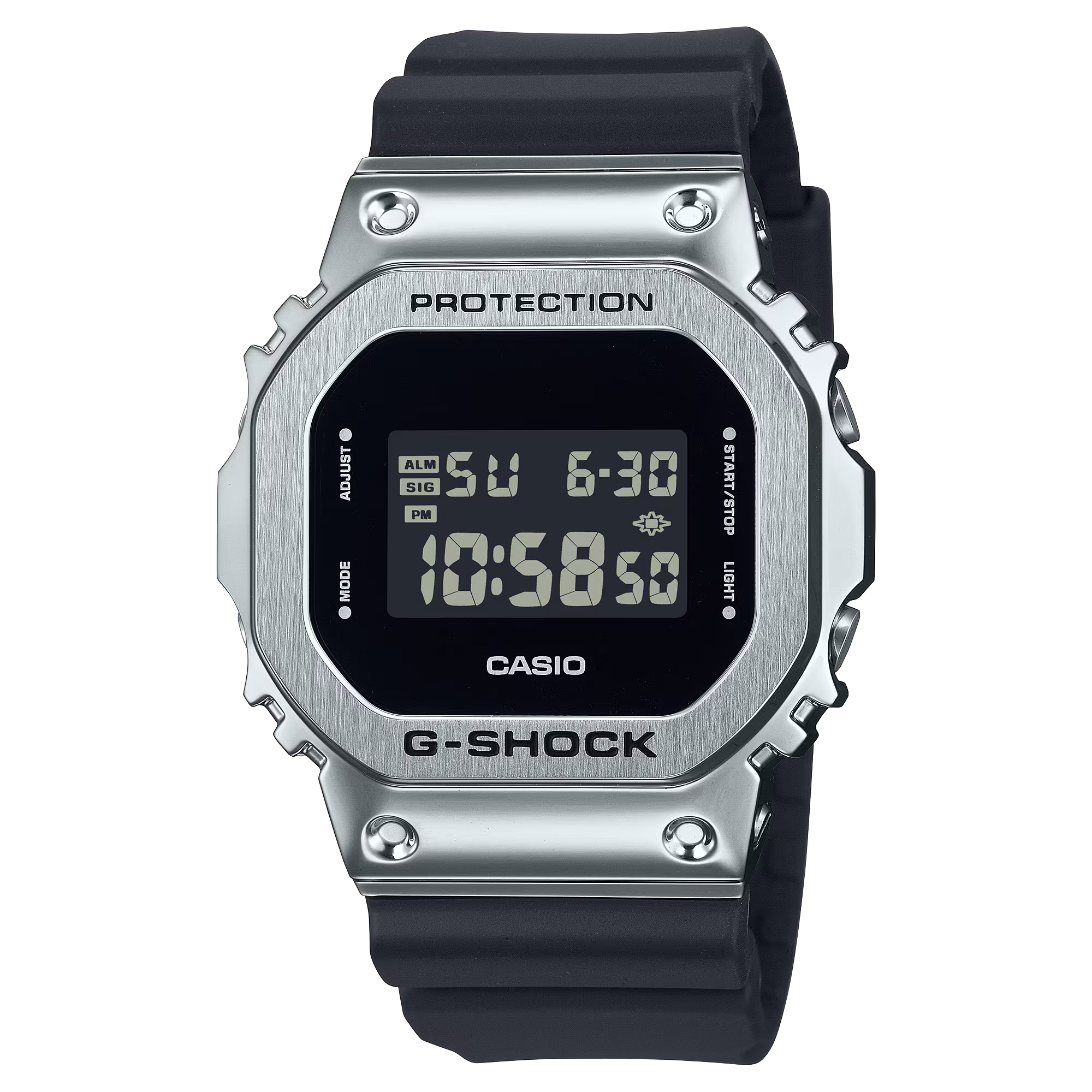 【CASIO 卡西歐】 G-SHOCK 時尚銀 自動日曆 LED光 耐衝擊  高防水 電子錶 矽膠錶帶 不鏽鋼殼 手錶 GM-5600U-1