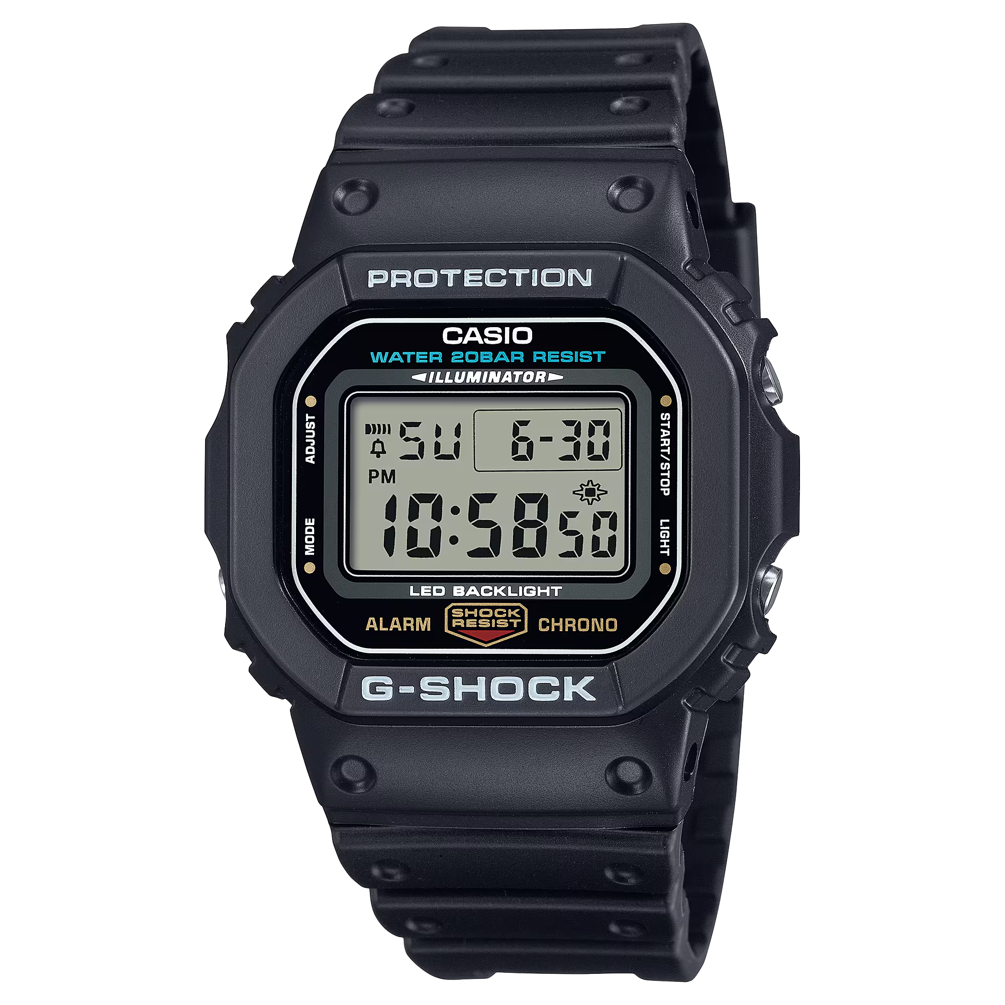 【CASIO 卡西歐】 G-SHOCK 極簡黑 自動日曆 LED光 耐衝擊  高防水 電子錶 矽膠錶帶 不鏽鋼殼 手錶 DW-5600UE-1