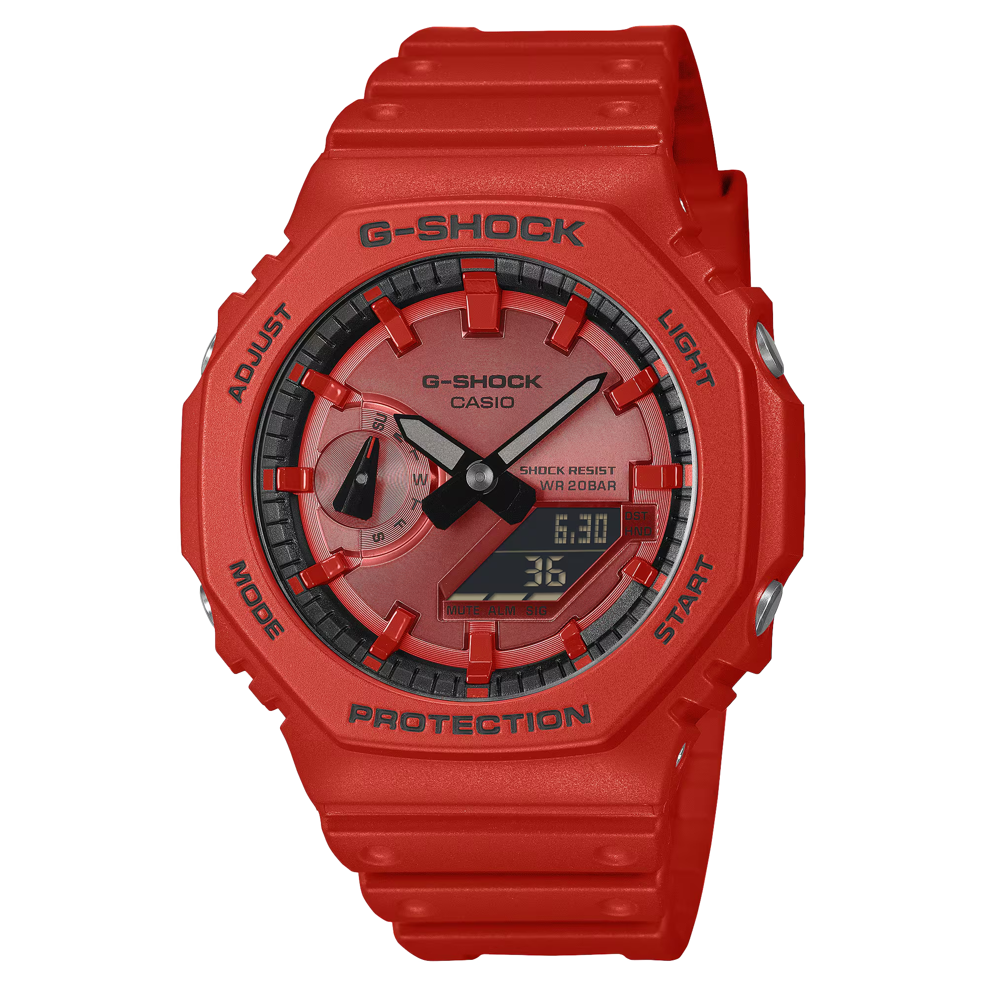 【CASIO 卡西歐】 G-SHOCK 火紅 自動日曆 LED光 耐衝擊  高防水 電子錶 矽膠錶帶 不鏽鋼殼 手錶 GA-2100RRB-4A