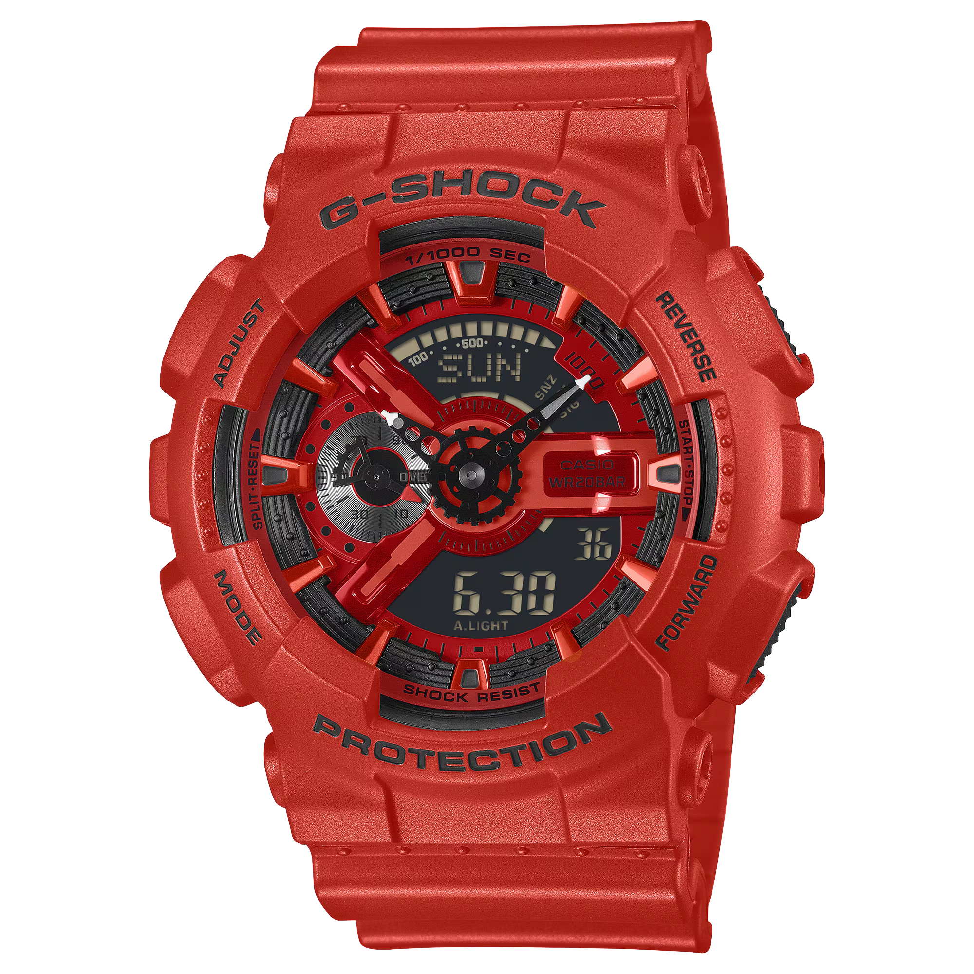【CASIO 卡西歐】 G-SHOCK 烈紅 自動日曆 LED光 耐衝擊  高防水 電子錶 矽膠錶帶 不鏽鋼殼 手錶 GA-110RRB-4A