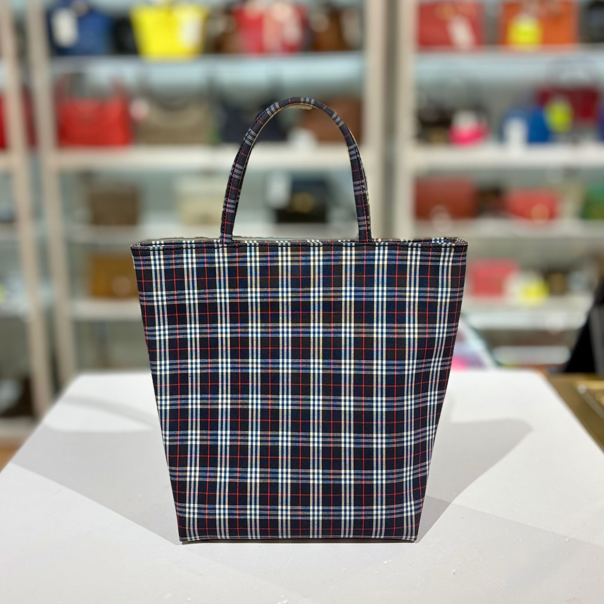95%NEW二手BURBERRY LONDON CANVAS TOTE BAG 藍色帆布方格/皮質內籠 #巴寶莉手提包 #香榭站正品