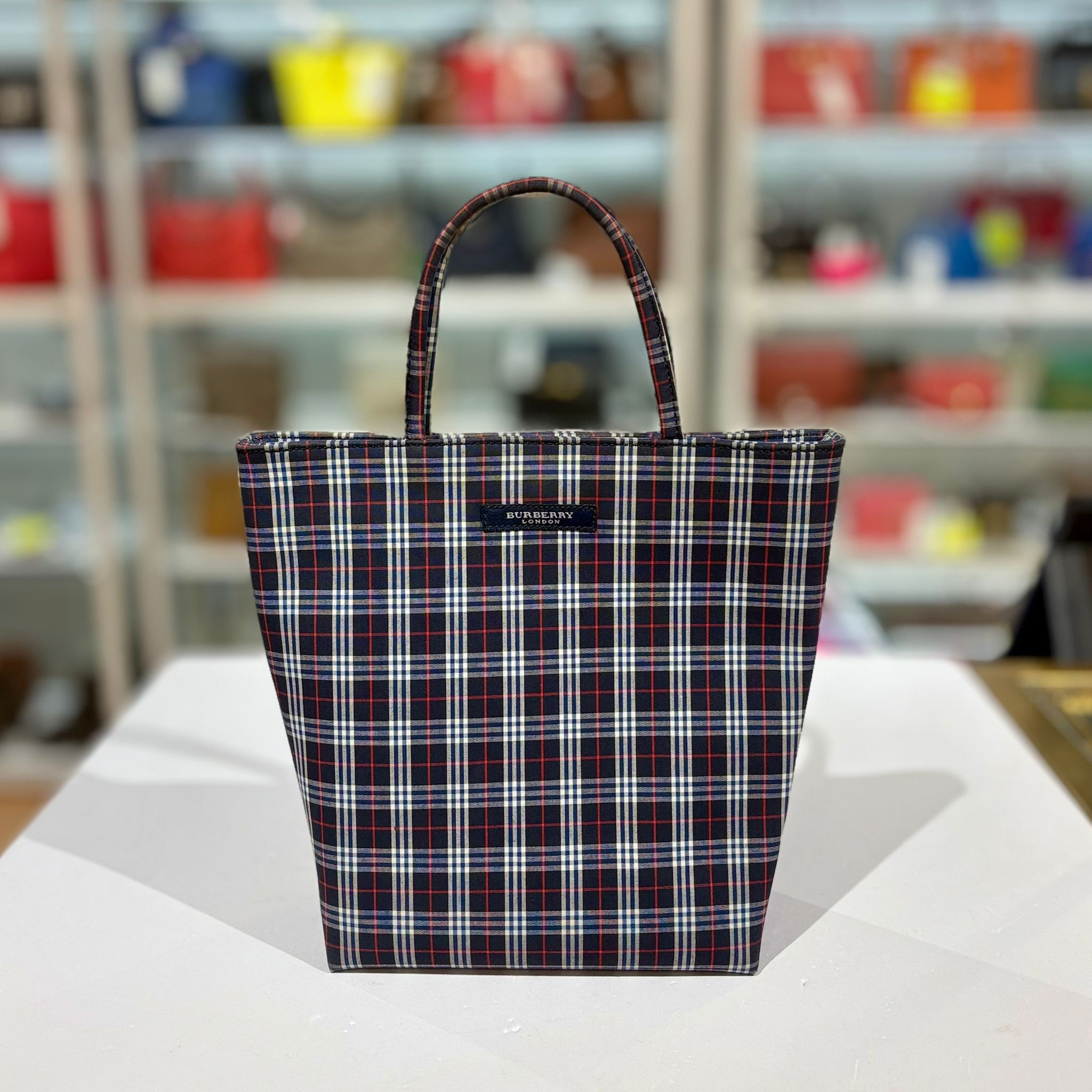 95%NEW二手BURBERRY LONDON CANVAS TOTE BAG 藍色帆布方格/皮質內籠 #巴寶莉手提包 #香榭站正品