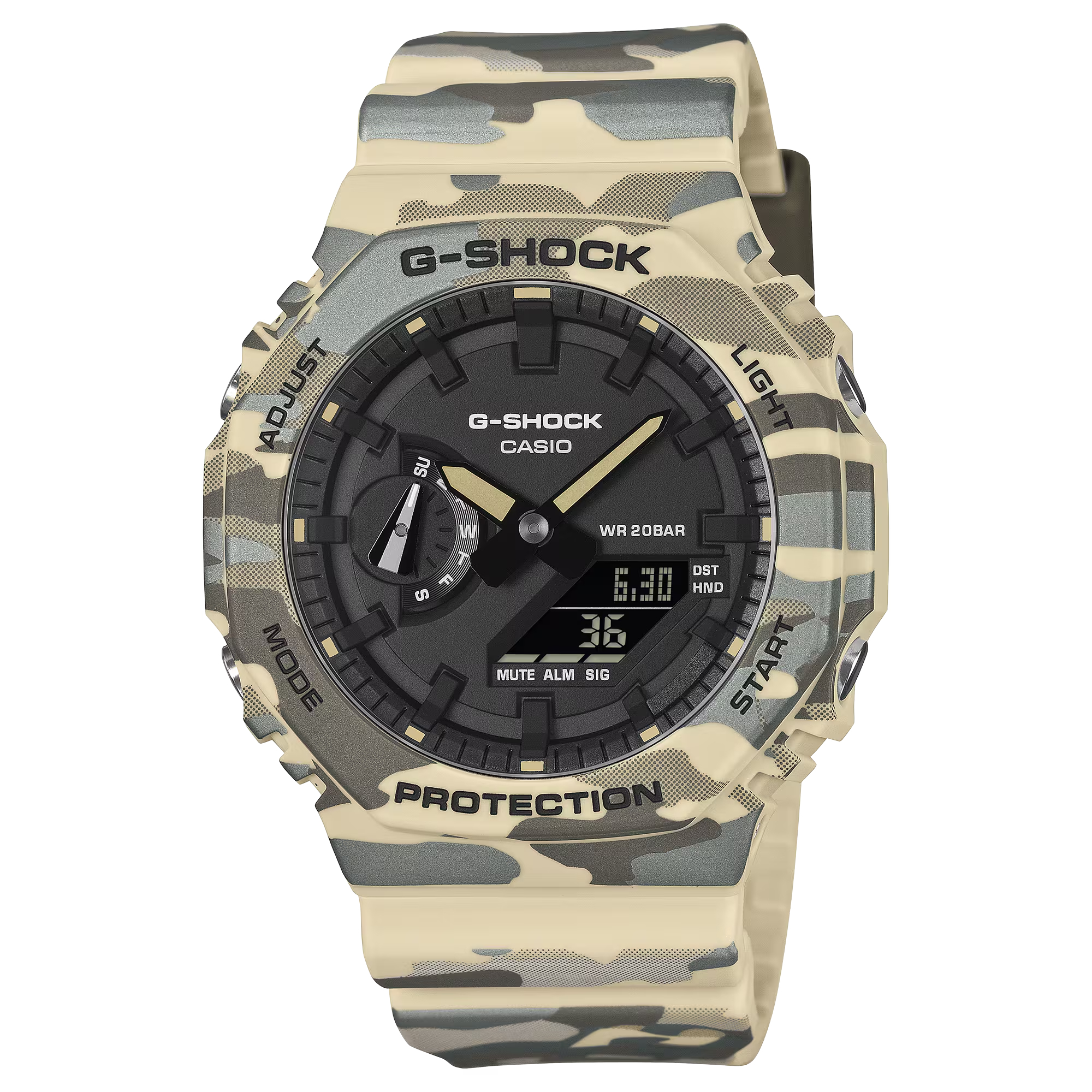 【CASIO 卡西歐】 G-SHOCK 迷彩 自動日曆 LED光 耐衝擊  高防水 電子錶 矽膠錶帶 不鏽鋼殼 手錶 GA-2100CM-5A