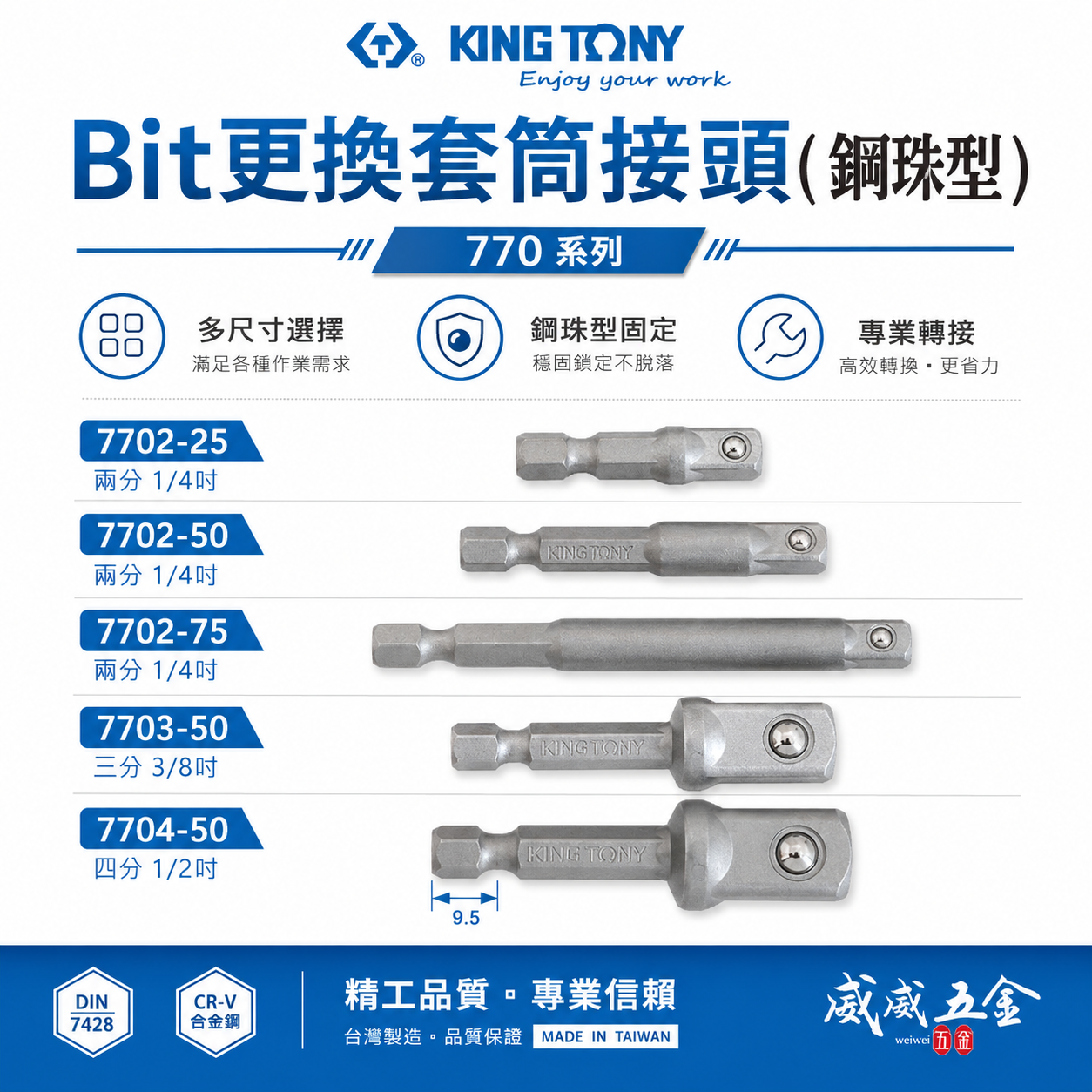 KING TONY 金統立｜六角兩分更換套筒接頭 六角柄接桿 六角軸套筒接桿 更換接桿 無磁套筒接桿｜770