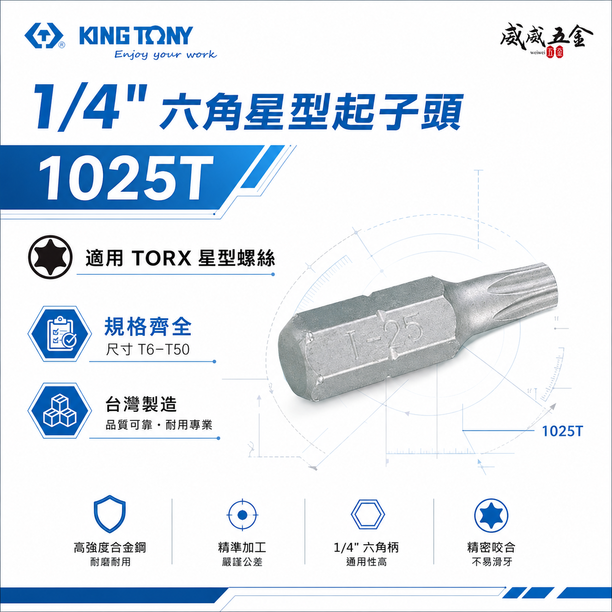 KING TONY 金統立｜T6-T50｜六角星型起子頭 內六角星型螺絲用 25mm 短版起子頭｜1025T｜台灣製｜公司貨