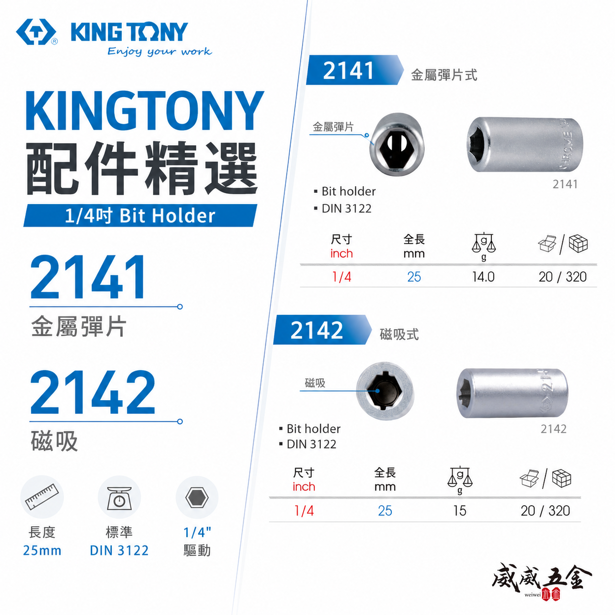 KING TONY 金統立｜2分轉六角起子頭套筒 1/4" 兩分套筒轉起子變換頭｜2142磁性｜2141無磁