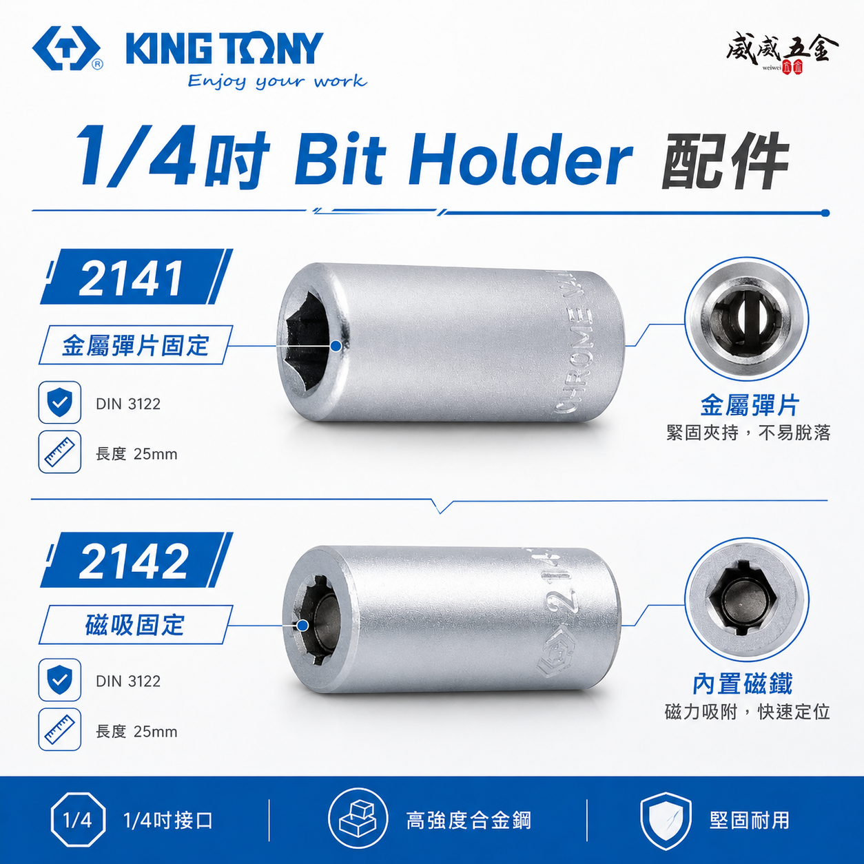 KING TONY 金統立｜2分轉六角起子頭套筒 1/4" 兩分套筒轉起子變換頭｜2142磁性｜2141無磁