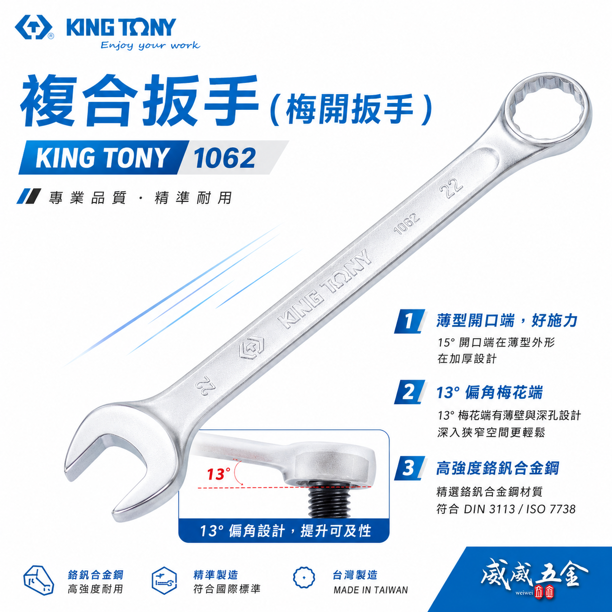 KING TONY 金統立 台灣製｜6-32mm 輕量化複合扳手 梅花開口板手 梅開板手 梅花薄壁｜1062