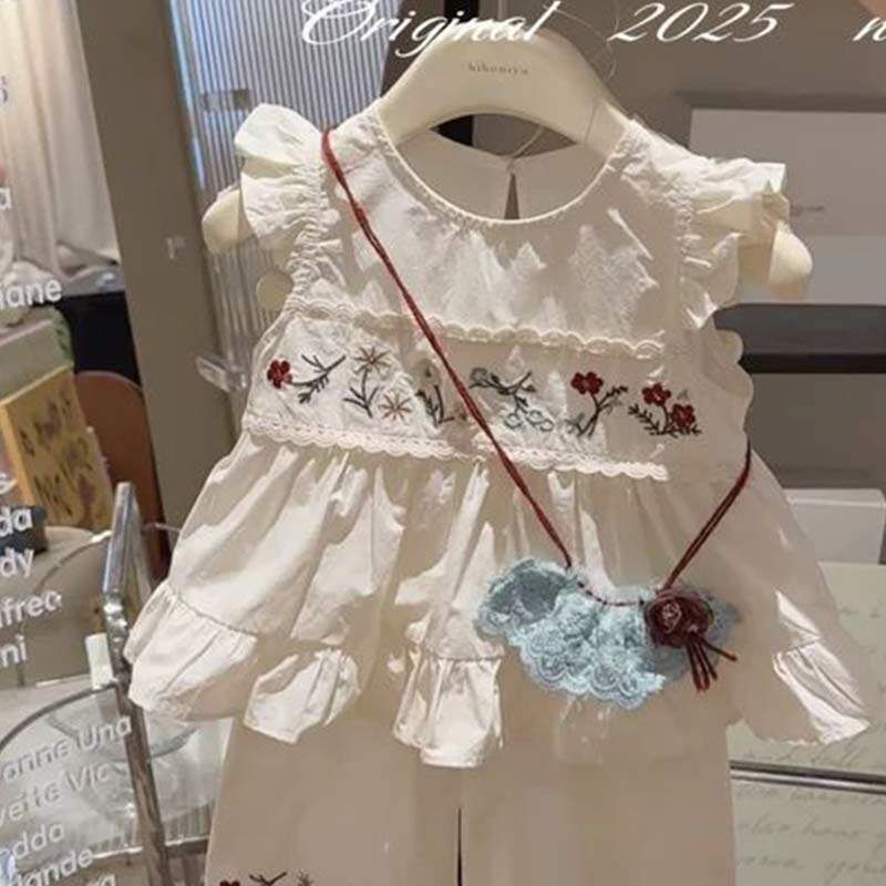 【H0834】田園復古甜美花朵刺繡無袖棉麻套裝(80-130)