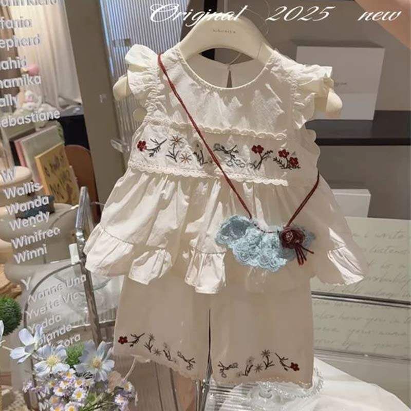 【H0834】田園復古甜美花朵刺繡無袖棉麻套裝(80-130)