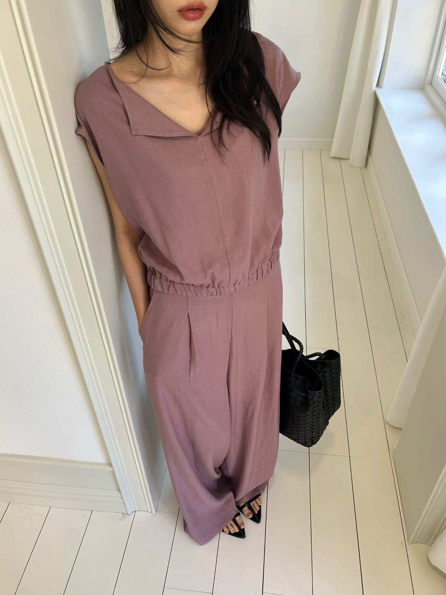 MM6239 折疊領亞麻短版上衣