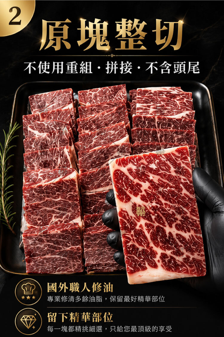 原塊整切，不使用重組.拼接.不含頭尾