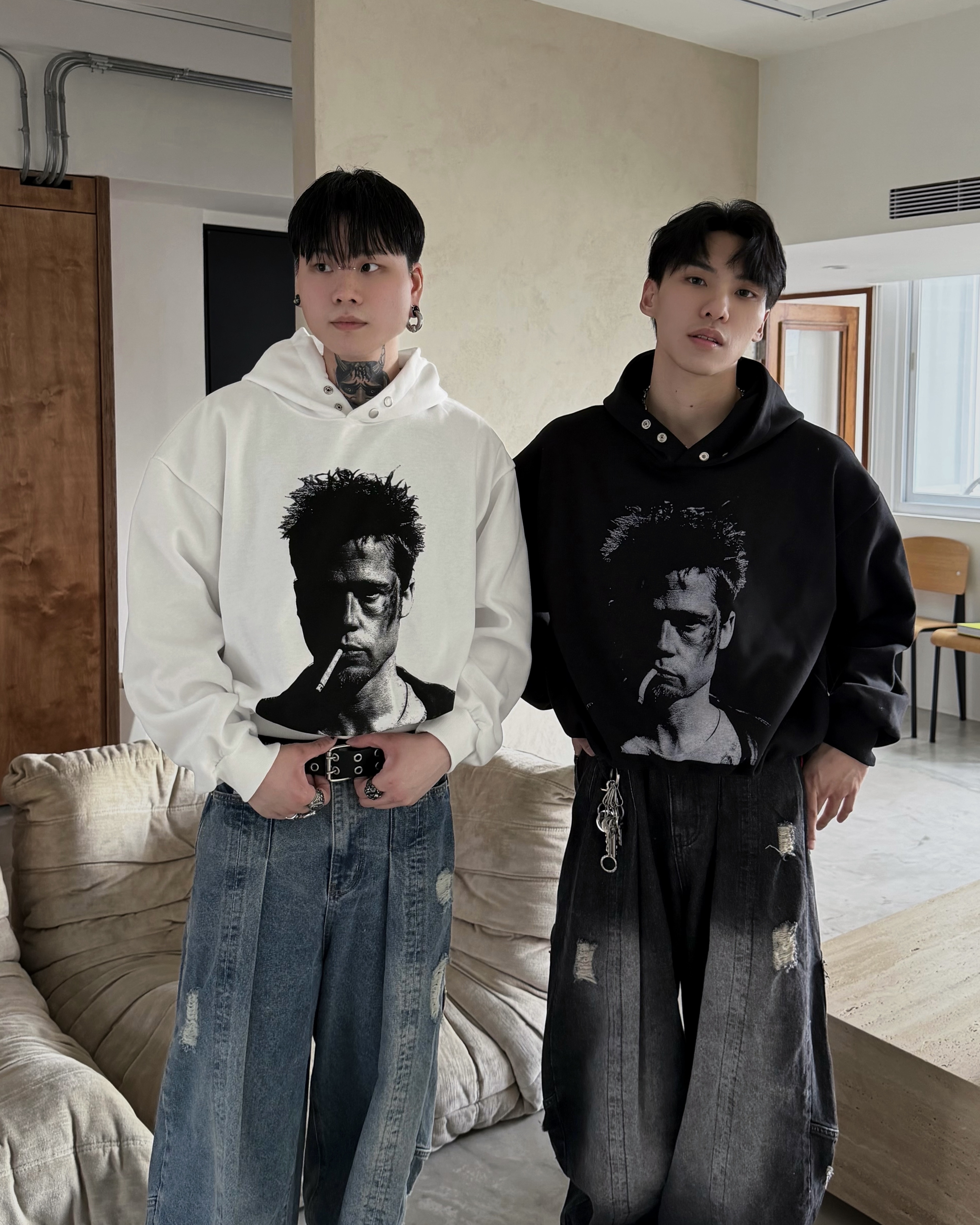 𝐇·𝐓·𝐒 韓國 Boxy 美式人像 素描 帽領扣 寬短 情侶 寬鬆 長袖 帽T