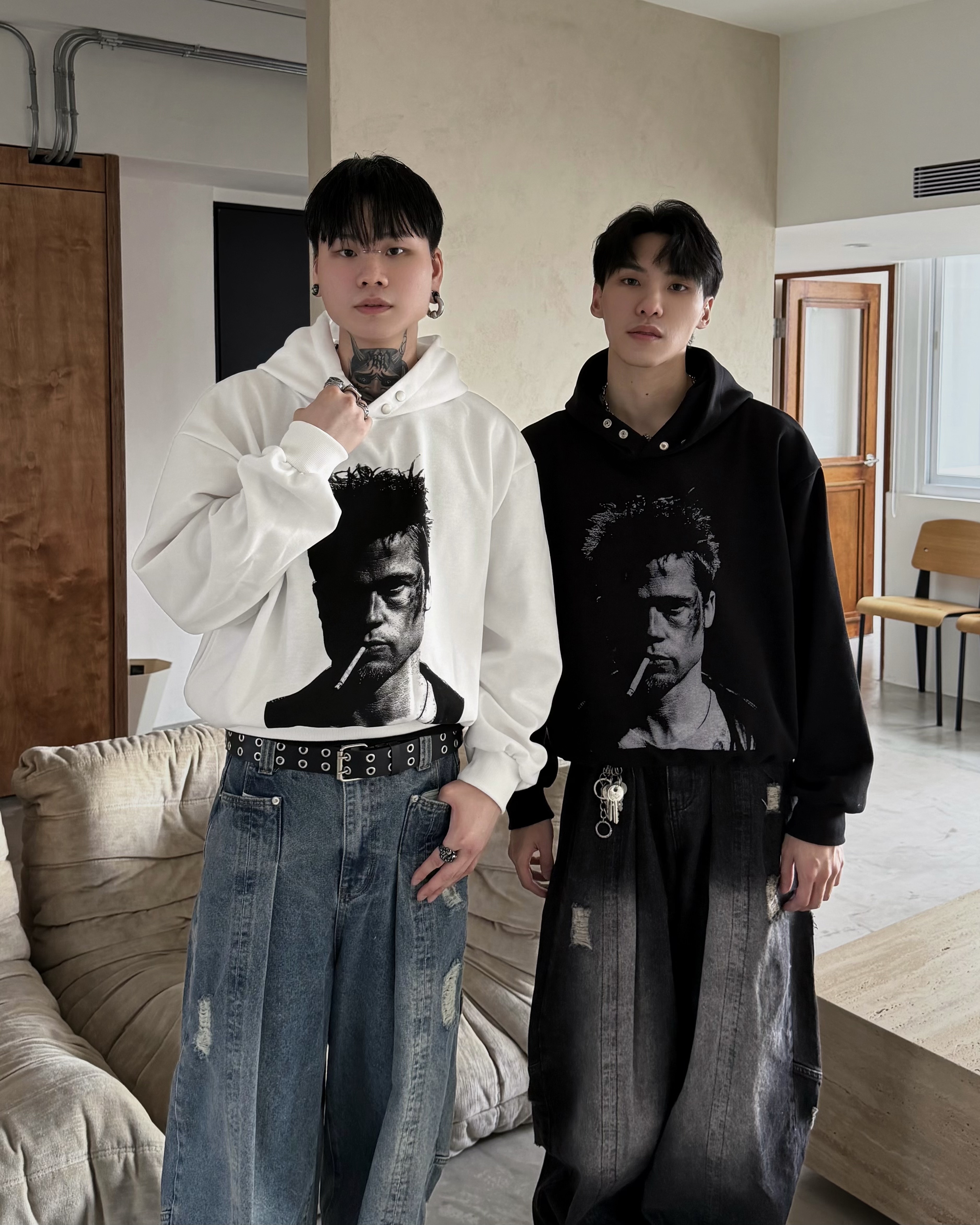 𝐇·𝐓·𝐒 韓國 Boxy 美式人像 素描 帽領扣 寬短 情侶 寬鬆 長袖 帽T