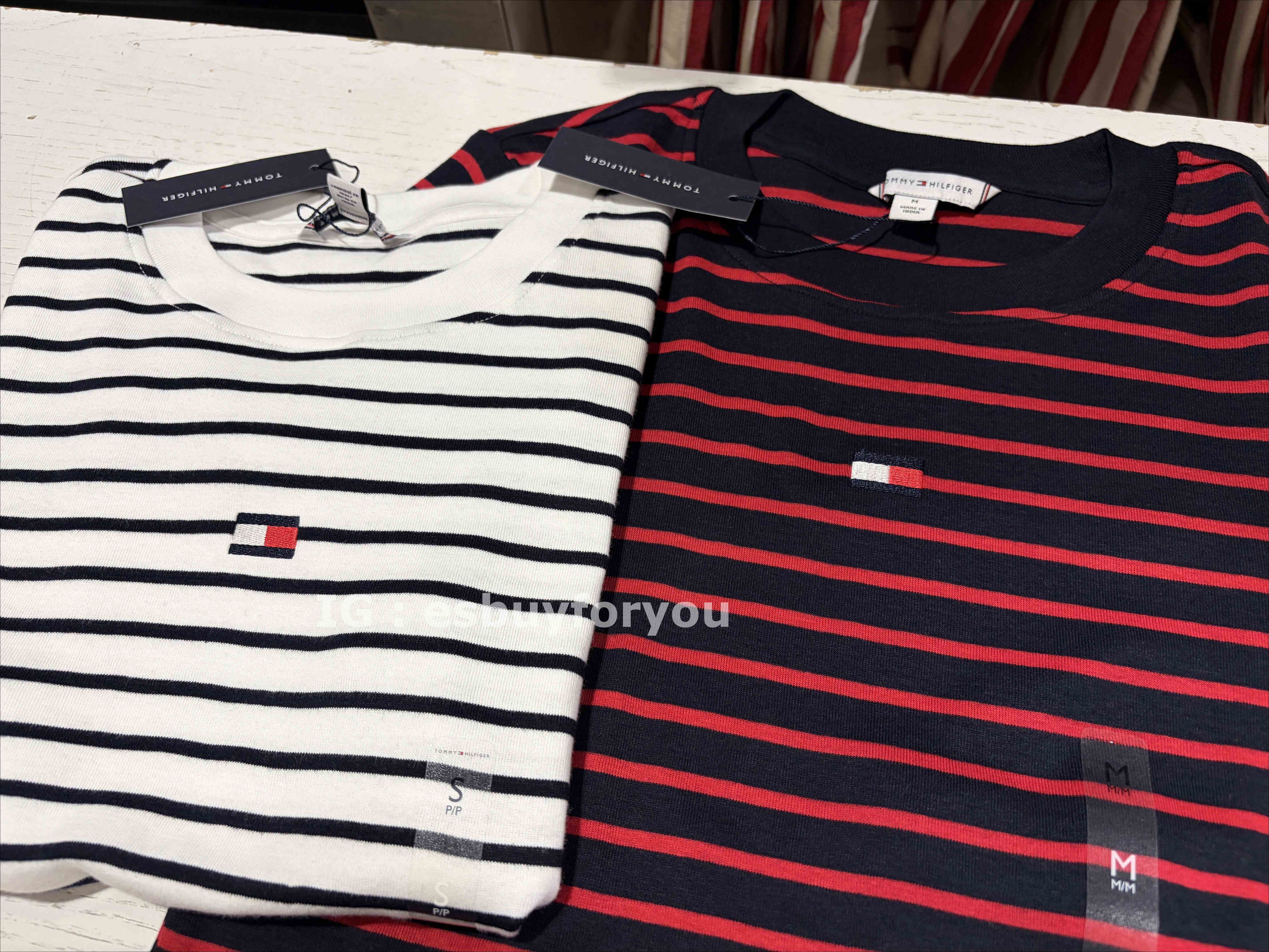 TOMMY 女大人 彈性 針織棉質 胸前刺繡小標 橫條紋 短TEE (2色) (合身版)