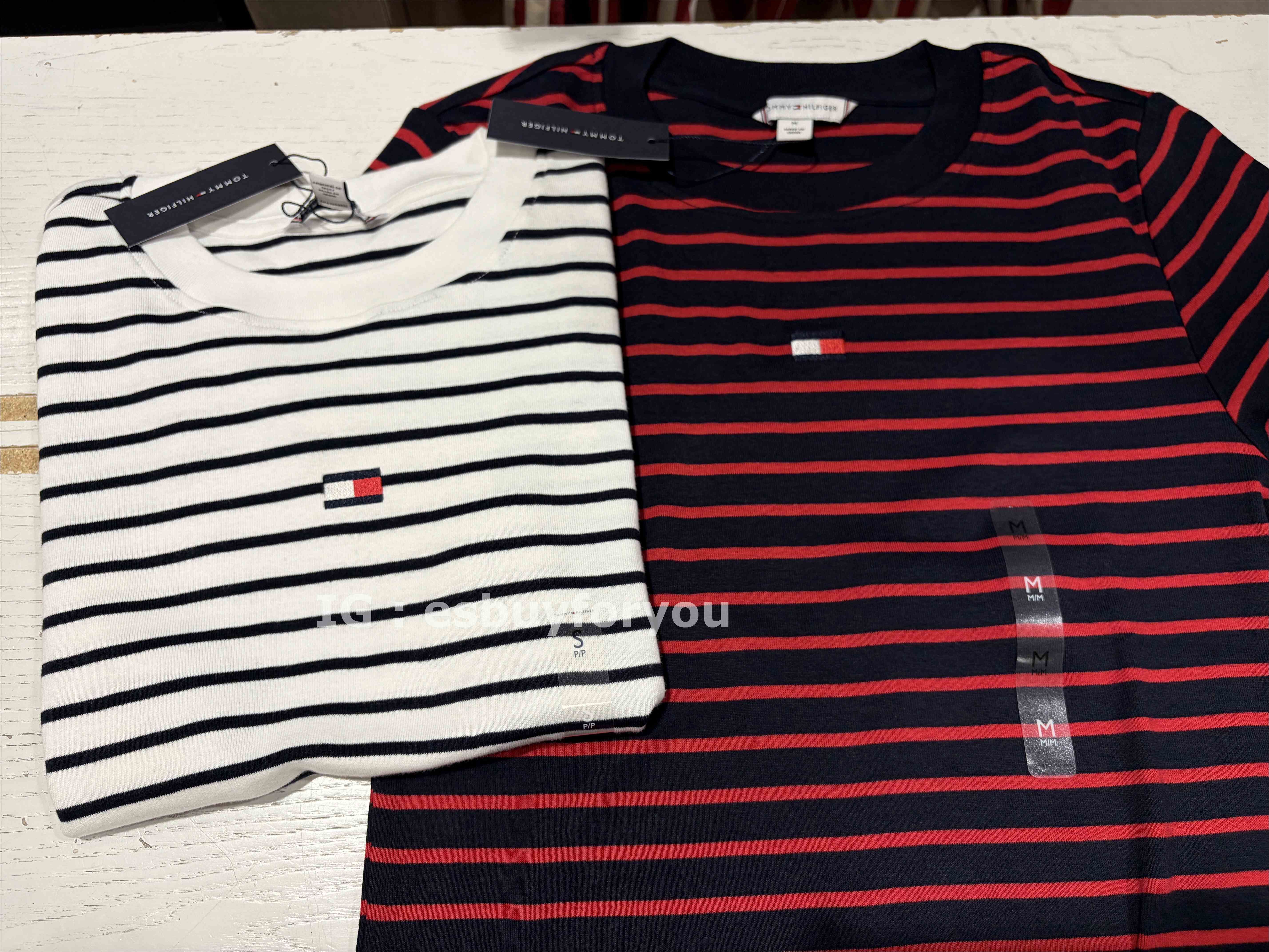 TOMMY 女大人 彈性 針織棉質 胸前刺繡小標 橫條紋 短TEE (2色) (合身版)