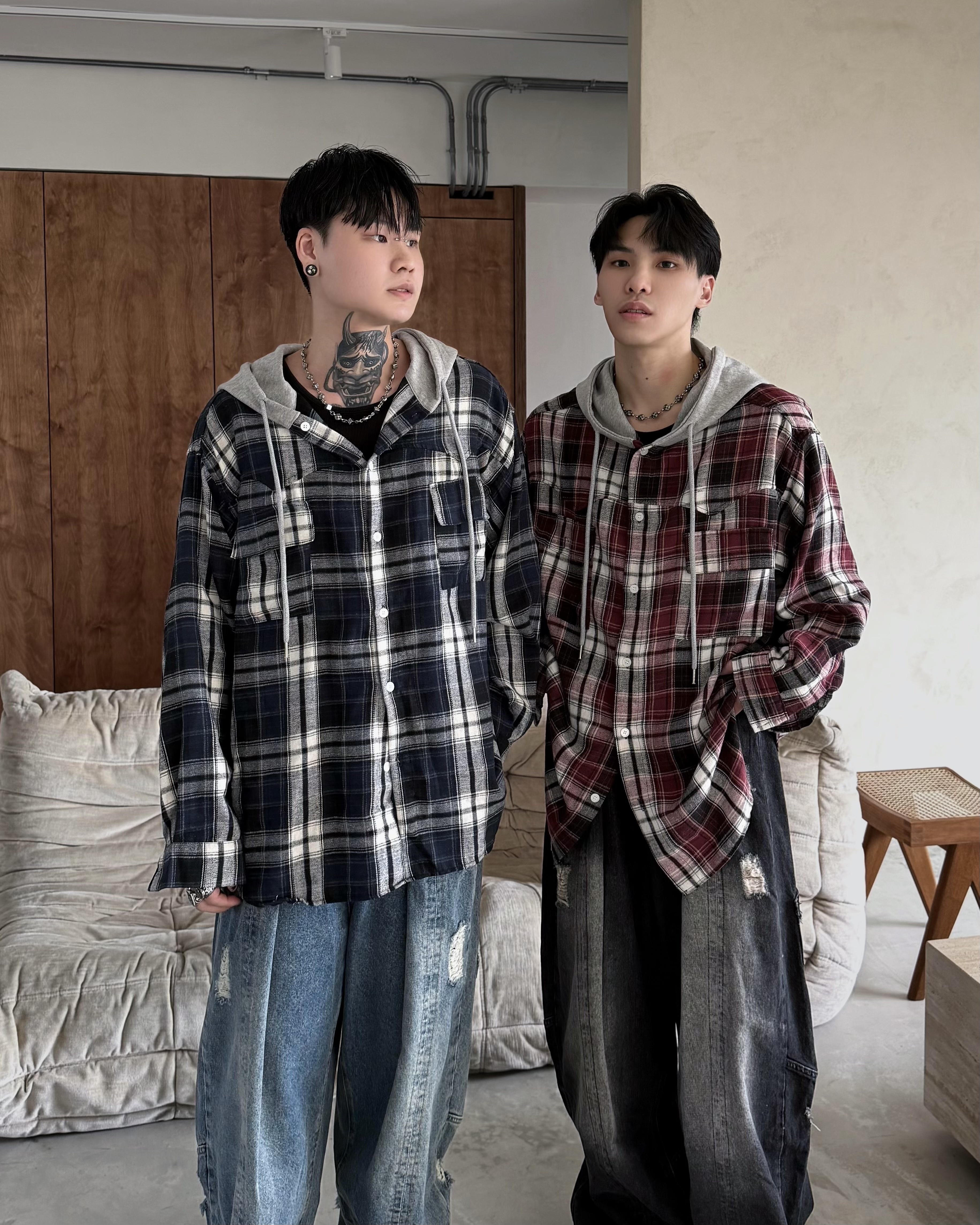𝐇·𝐓·𝐒 韓國 復古格紋 連帽 拼接 撞色 寬鬆 外搭 寬版 長袖 襯衫