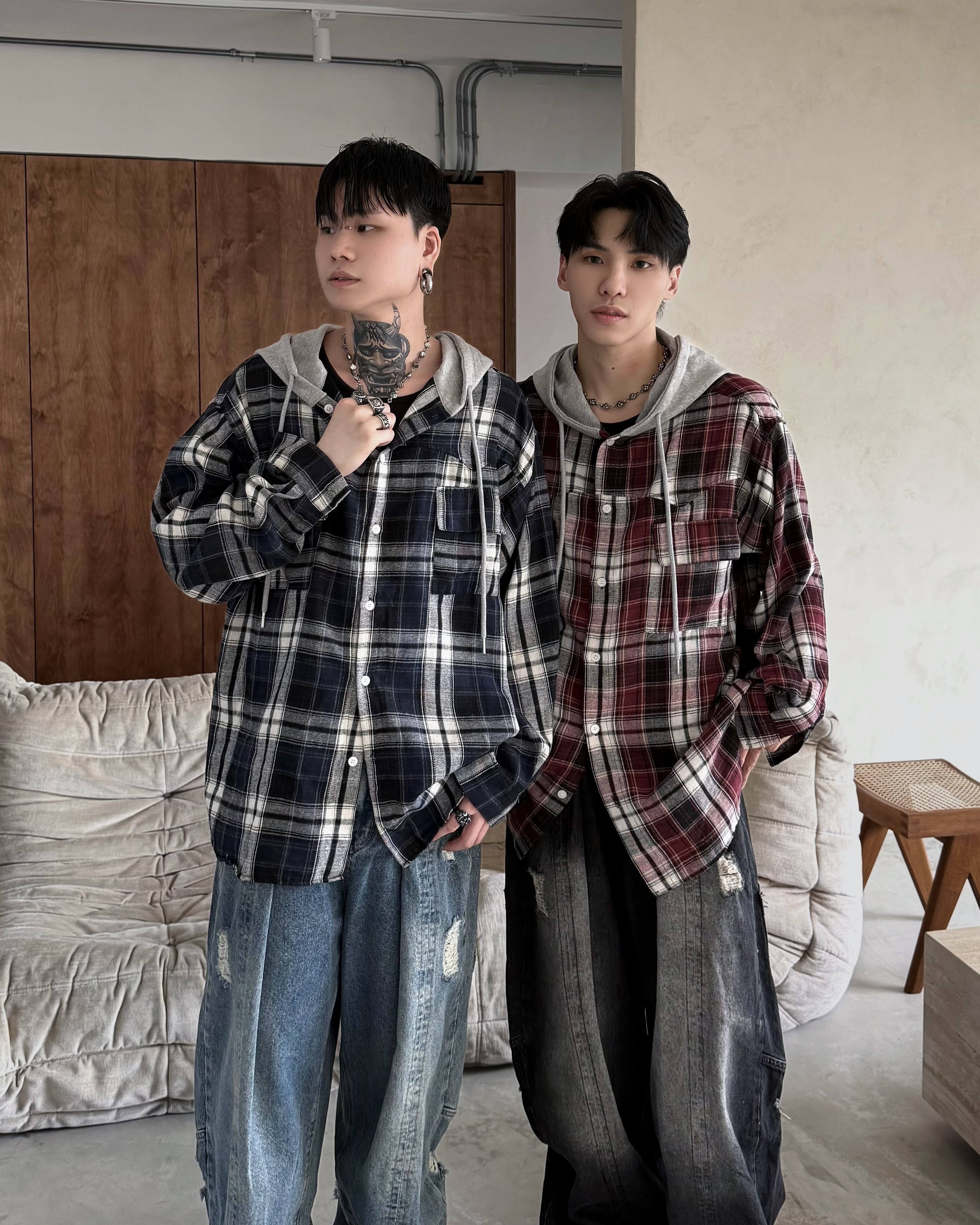 𝐇·𝐓·𝐒 韓國 復古格紋 連帽 拼接 撞色 寬鬆 外搭 寬版 長袖 襯衫